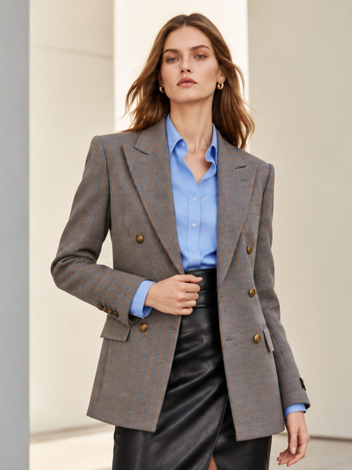 Grey Pinstripe Double Breasted Blazer & Faux Leather Front Slit Midi Skirt 2-Piece Suit