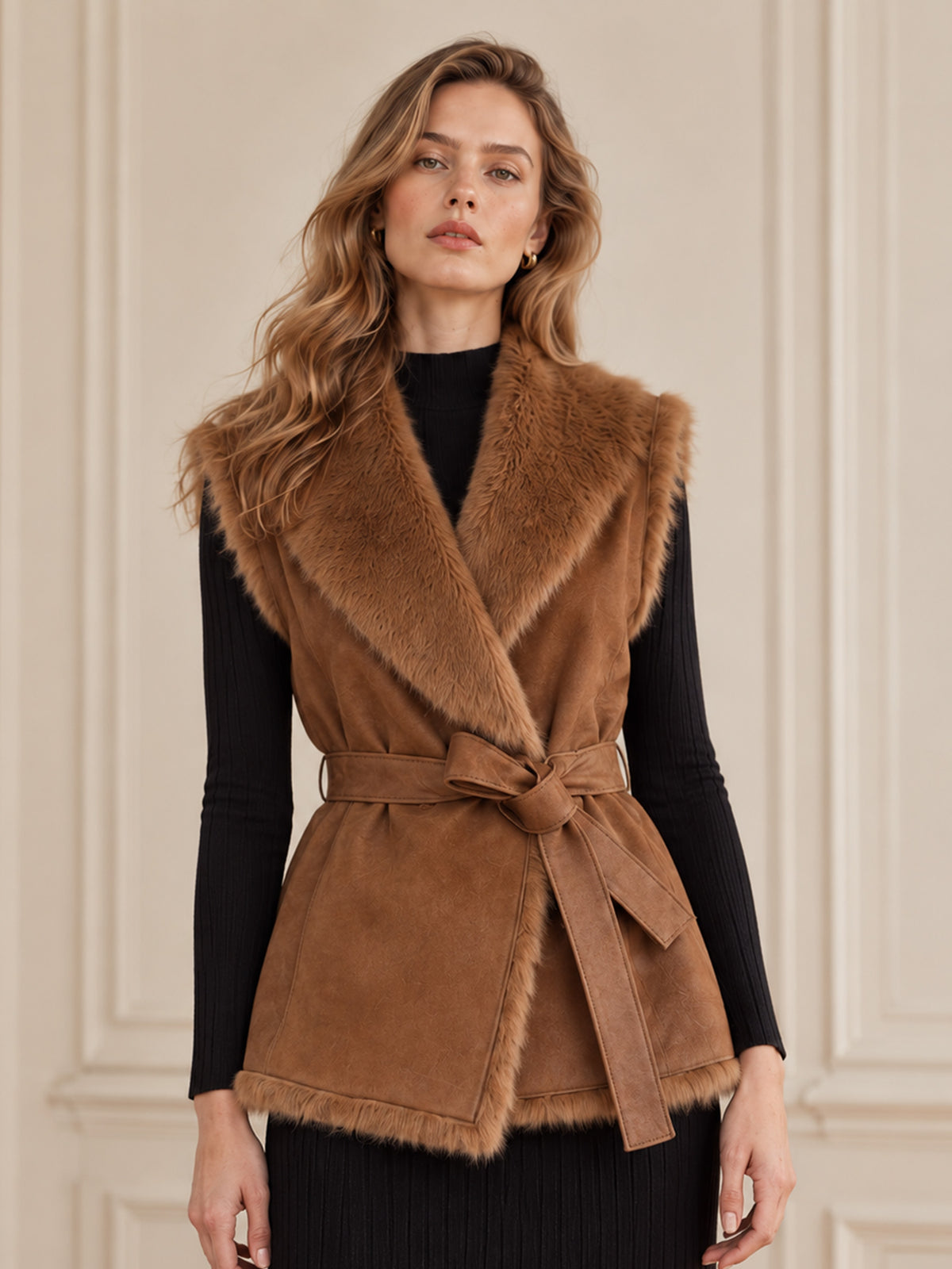 Brown Faux Suede Vest with Faux Fur Trim & Waist Belt