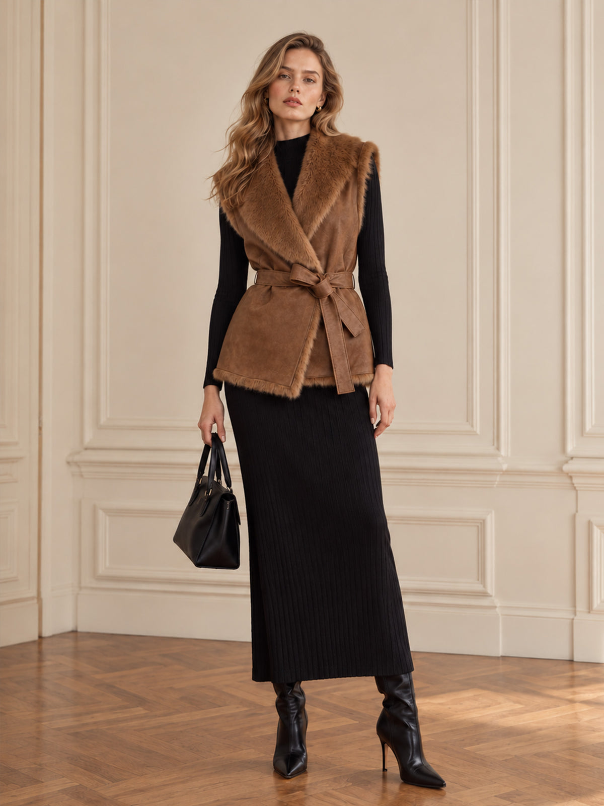 Brown Faux Suede Vest with Faux Fur Trim & Waist Belt
