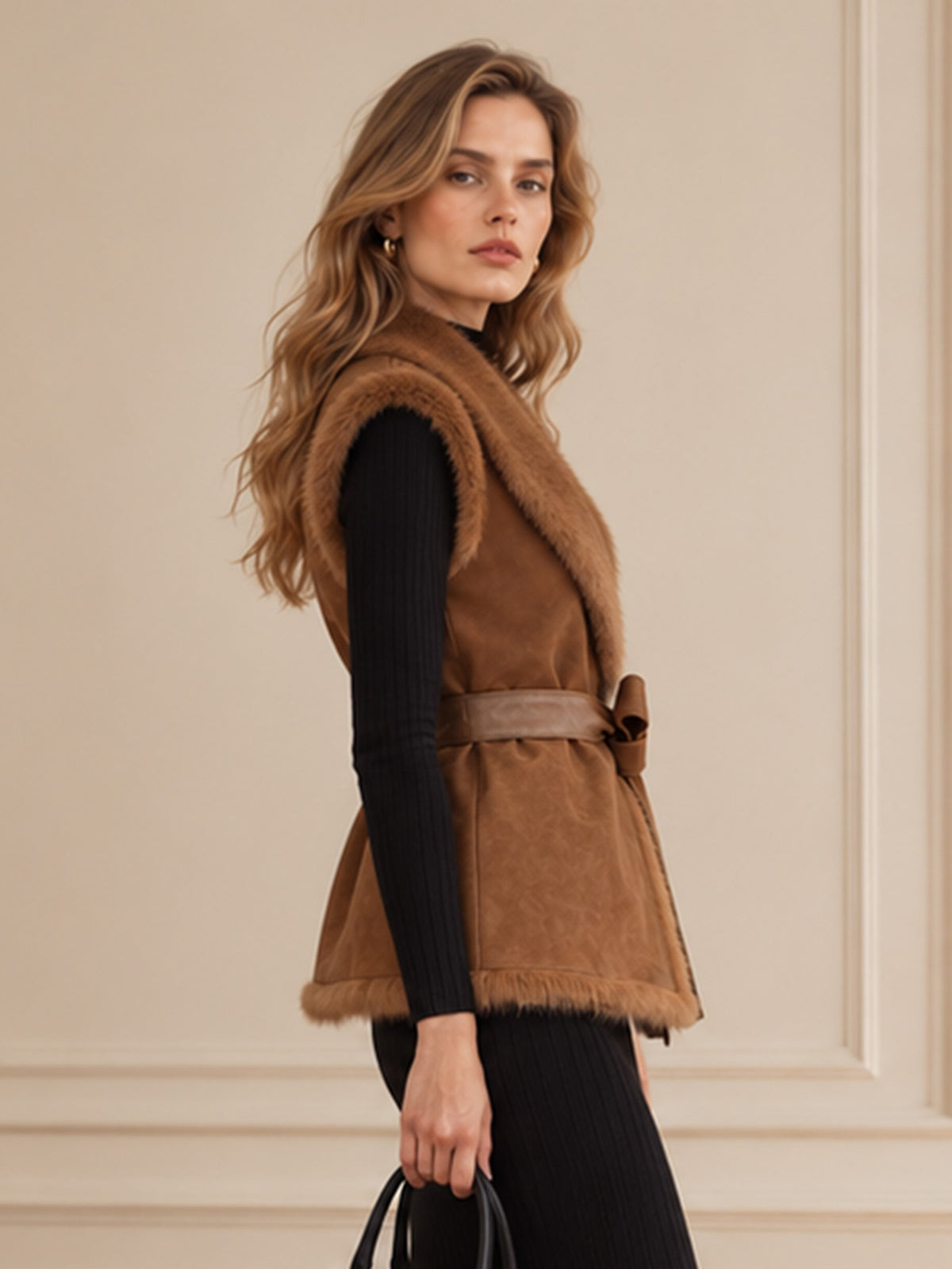 Brown Faux Suede Vest with Faux Fur Trim & Waist Belt