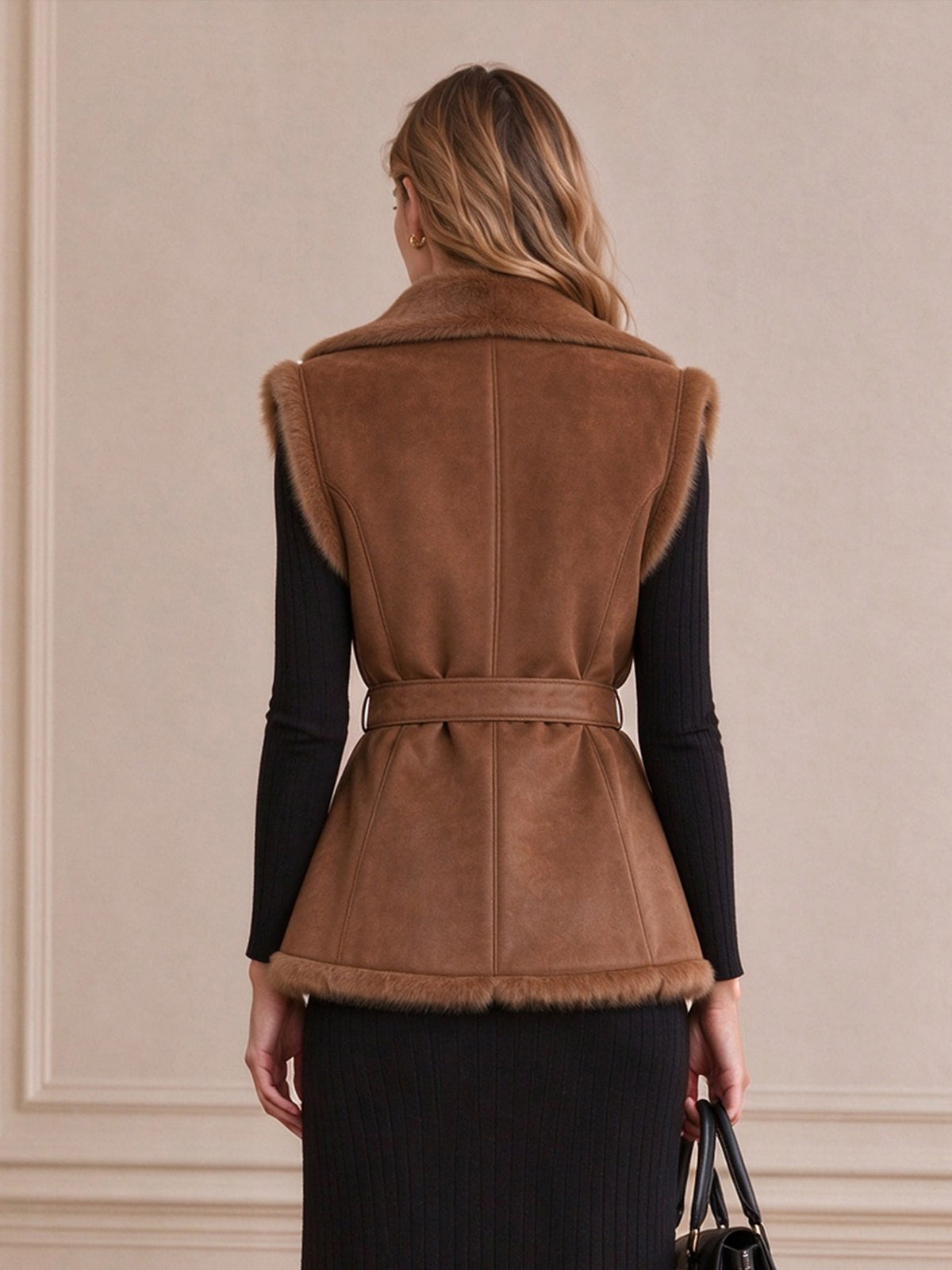 Brown Faux Suede Vest with Faux Fur Trim & Waist Belt