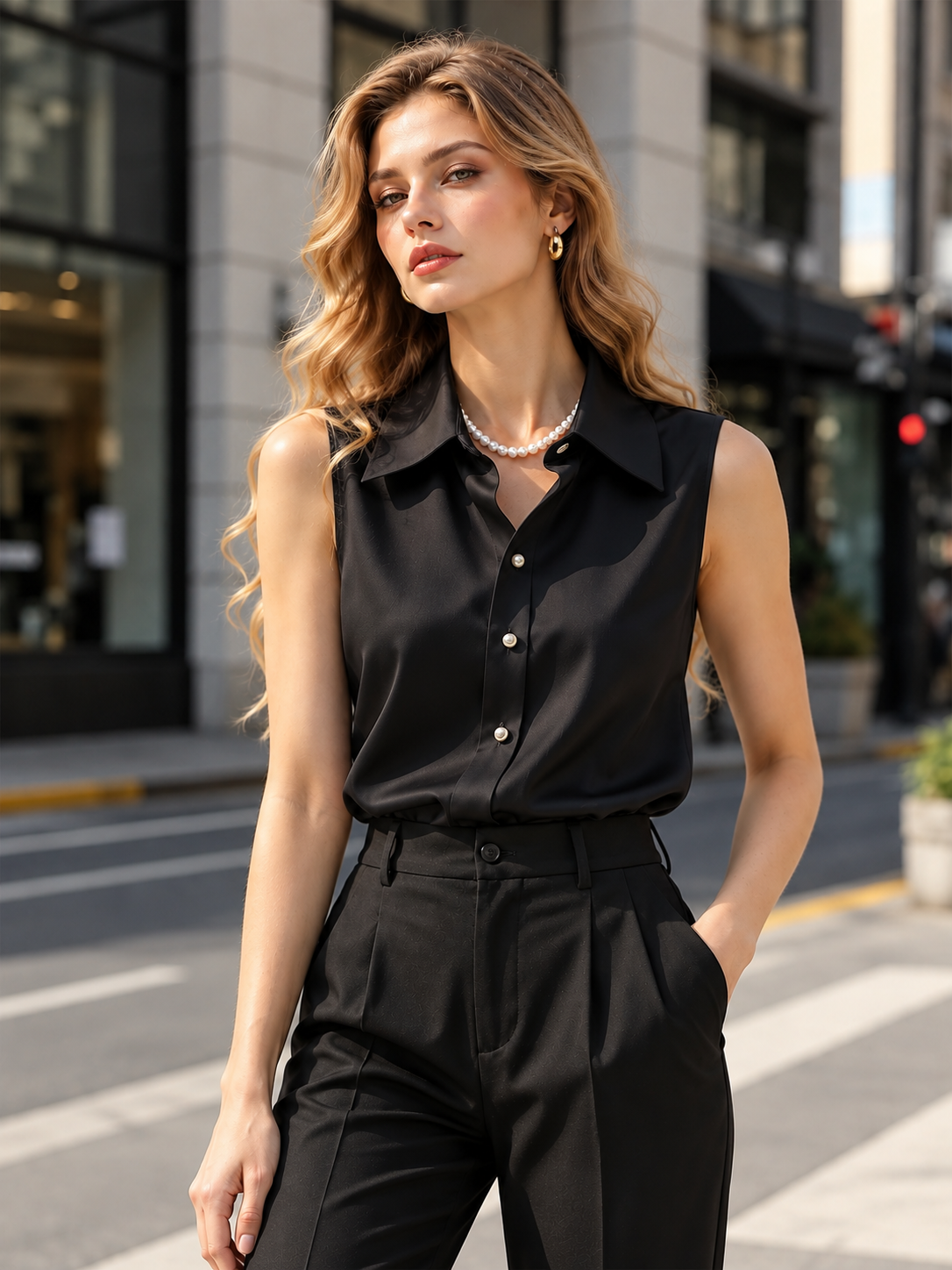 Solid Color Sleeveless Collared Shirt