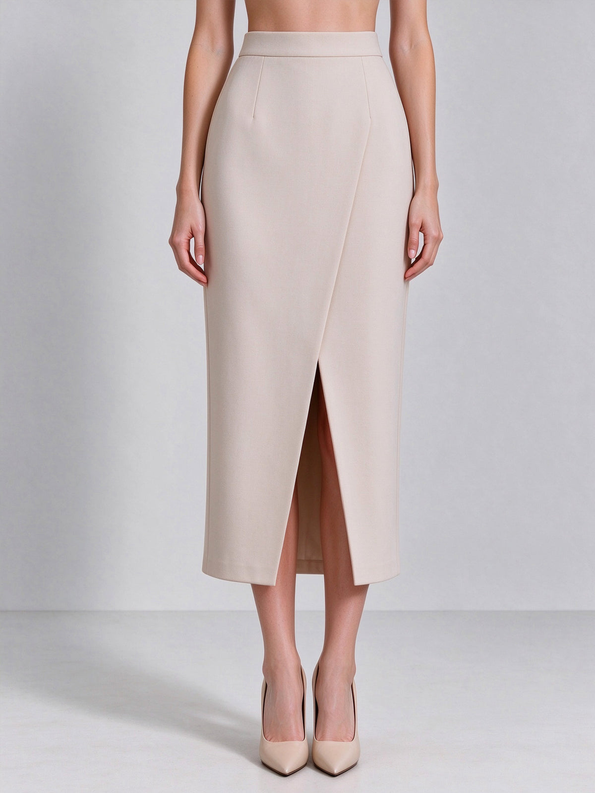Beige Stand Collar Belted Peplum Blazer & Front Slit Midi Skirt 2-Piece Suit