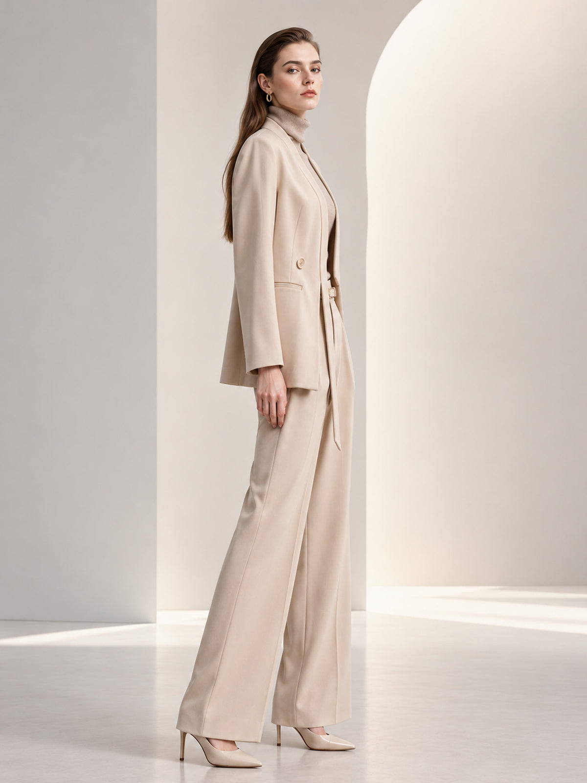 Beige Shawl Lapel Double Breasted Blazer & Wide Leg Pants 2-Piece Suit