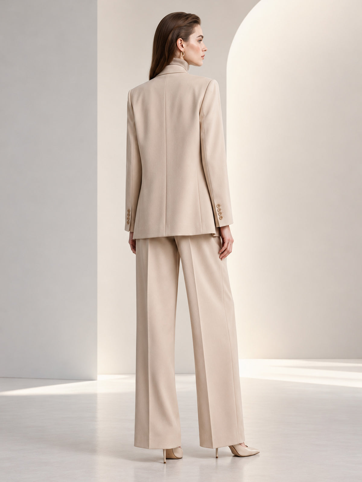 Beige Shawl Lapel Double Breasted Blazer & Wide Leg Pants 2-Piece Suit