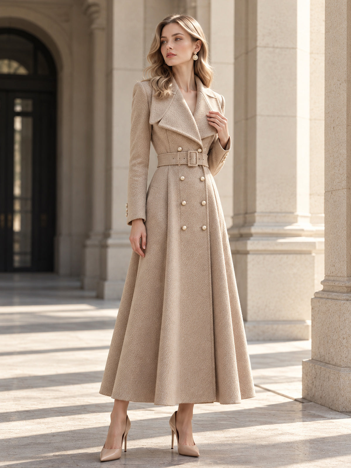 Beige Notch Lapel Double Breasted Belted Maxi Wool Coat