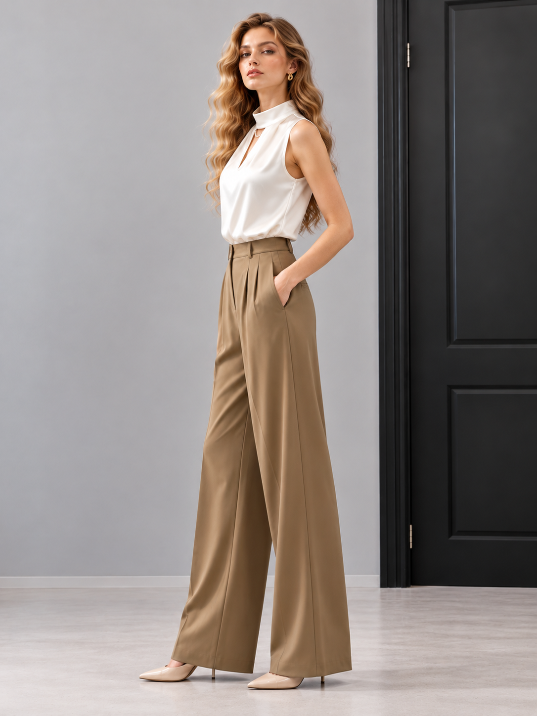 White V-Neck Satin Sleeveless Shirt