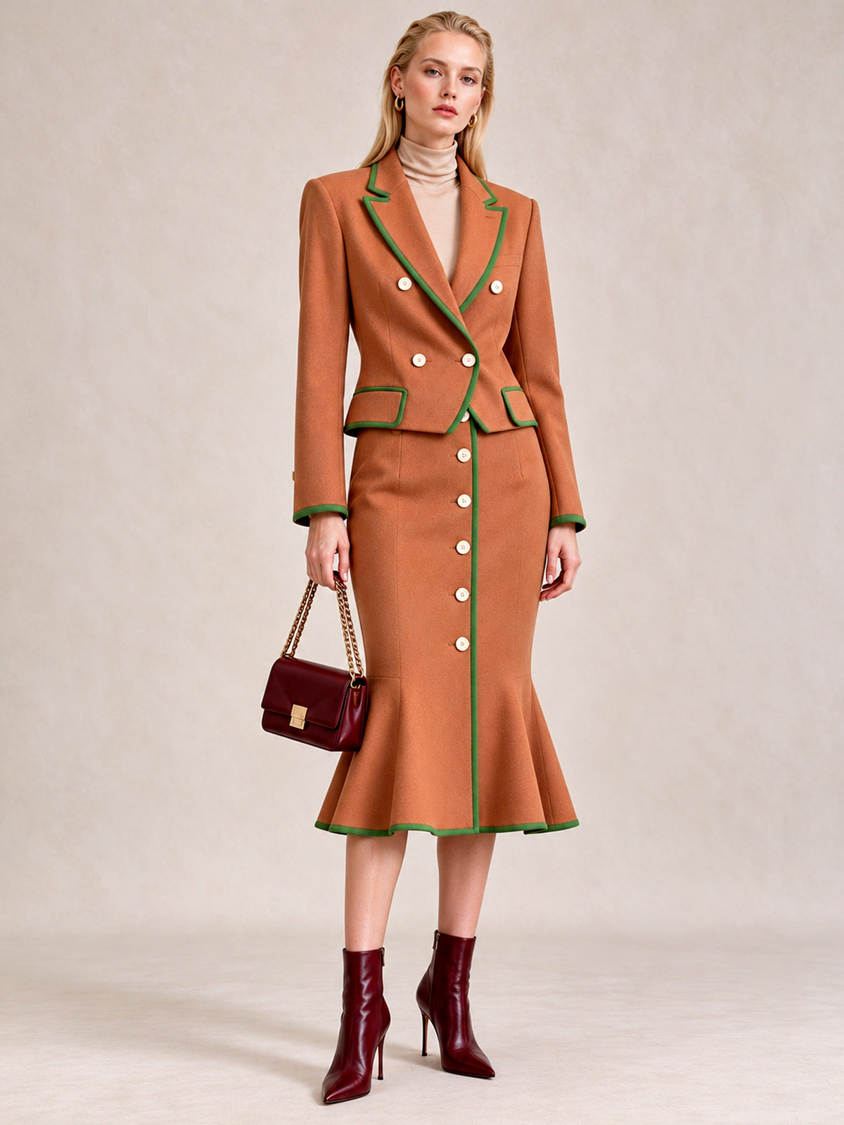 Caramel Contrast Green Piping Blazer & Mermaid Midi Skirt 2-Piece Suit