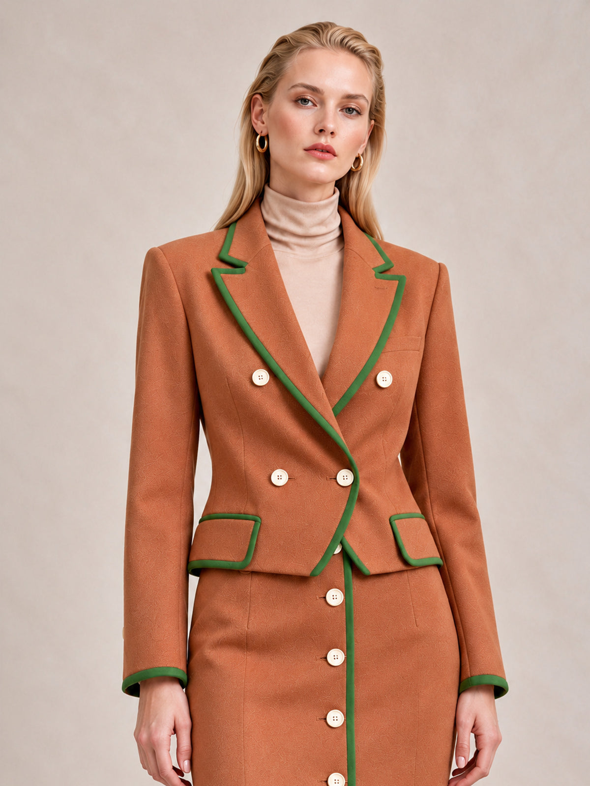 Caramel Contrast Green Piping Blazer & Mermaid Midi Skirt 2-Piece Suit