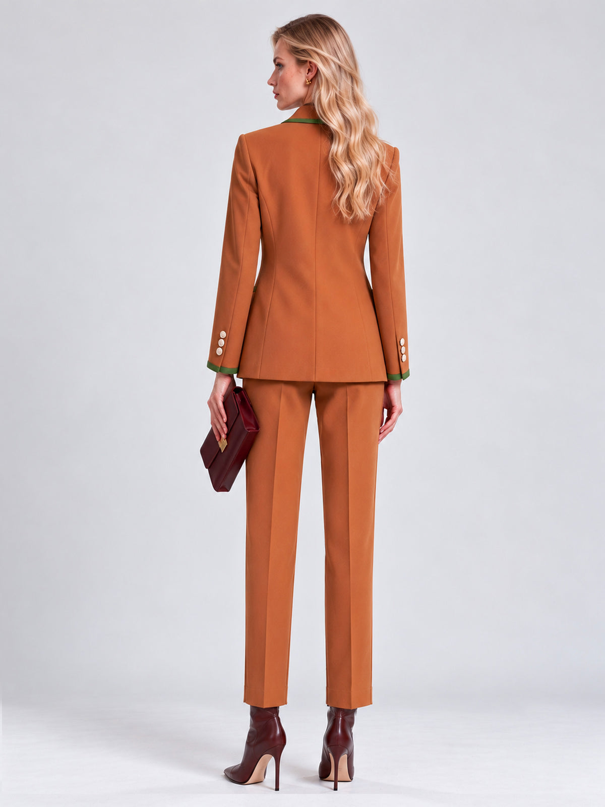 Caramel Contrast Trim Double Breasted Blazer & Straight Leg Pants 2-Piece Suit