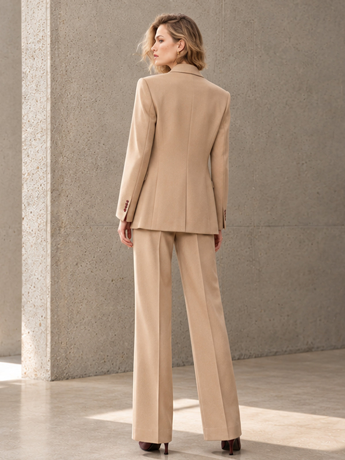 Beige Notch Lapel Blazer & Burgundy Piping Vest & Wide Leg Pants 3-Piece Suit