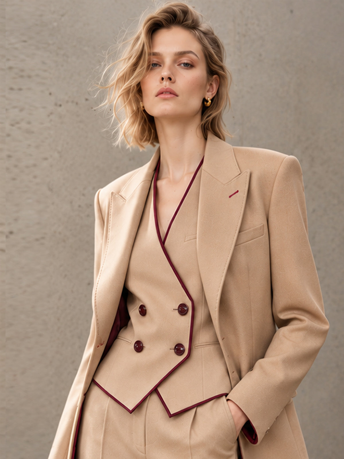 Beige Notch Lapel Blazer & Burgundy Piping Vest & Wide Leg Pants 3-Piece Suit