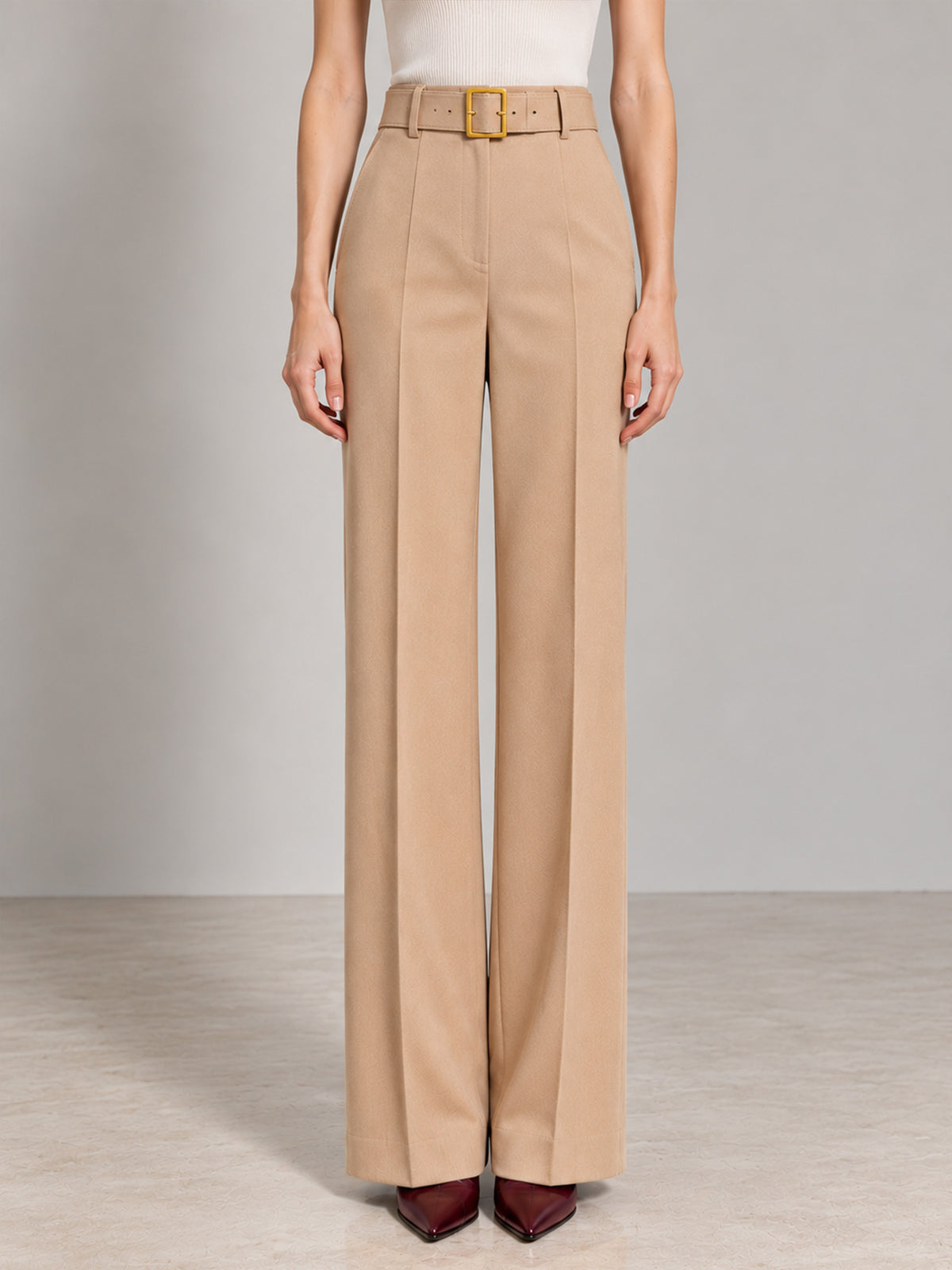 Beige Notch Lapel Blazer & Burgundy Piping Vest & Wide Leg Pants 3-Piece Suit
