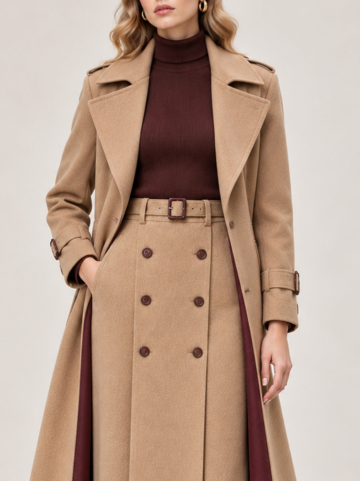 Beige Wide Lapel Belted Coat & Straight Midi Skirt 2-Piece Suit