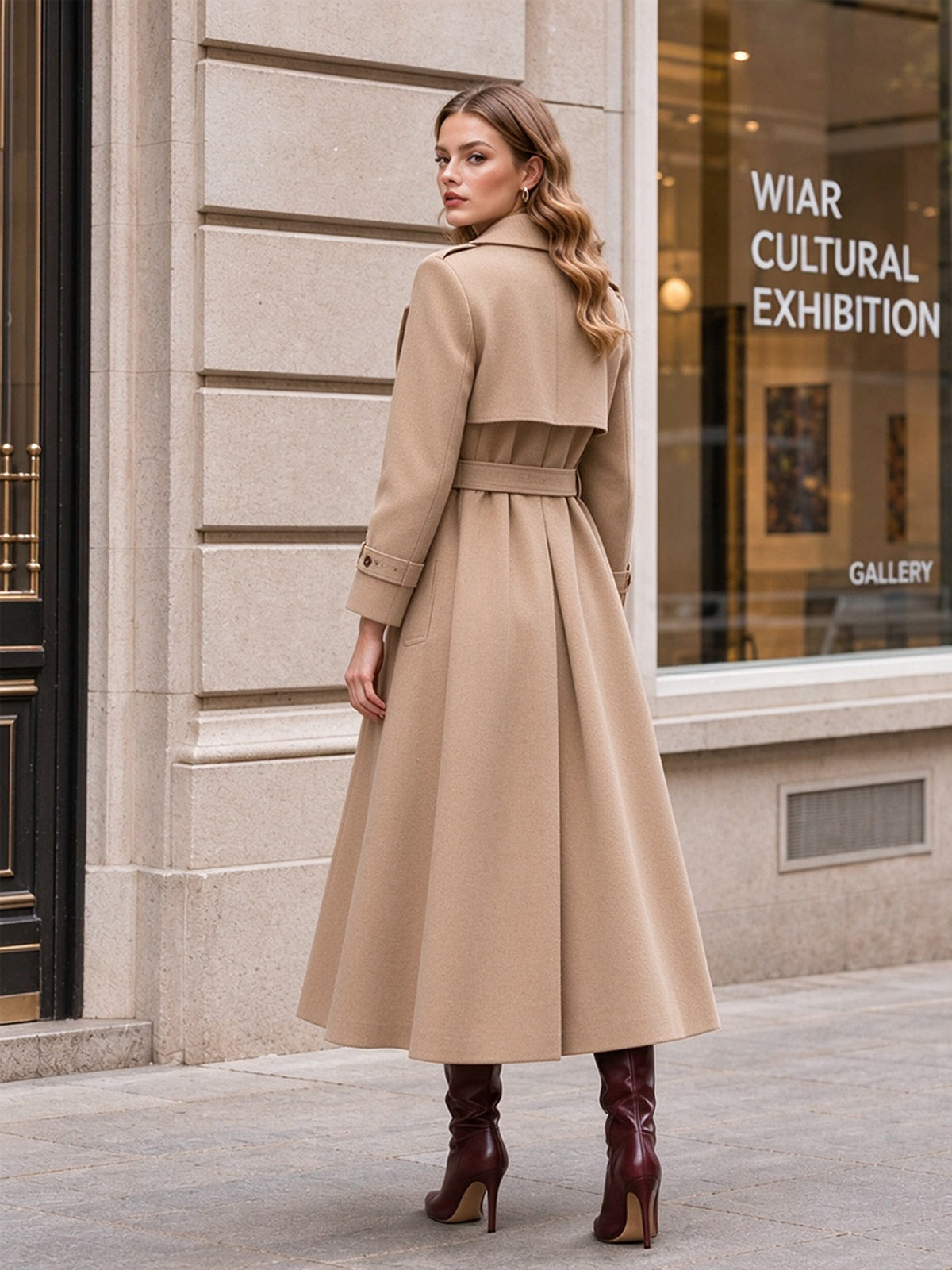Beige Wide Lapel Belted Coat & Straight Midi Skirt 2-Piece Suit