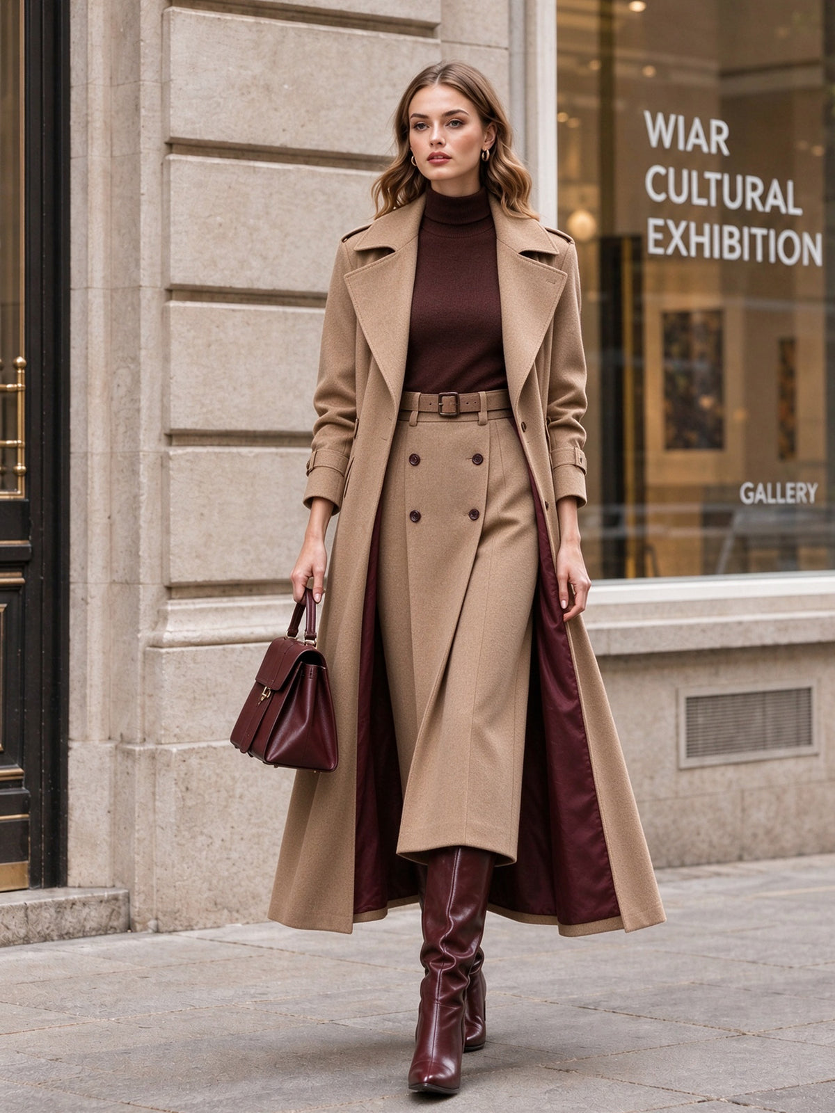 Beige Wide Lapel Belted Coat & Straight Midi Skirt 2-Piece Suit