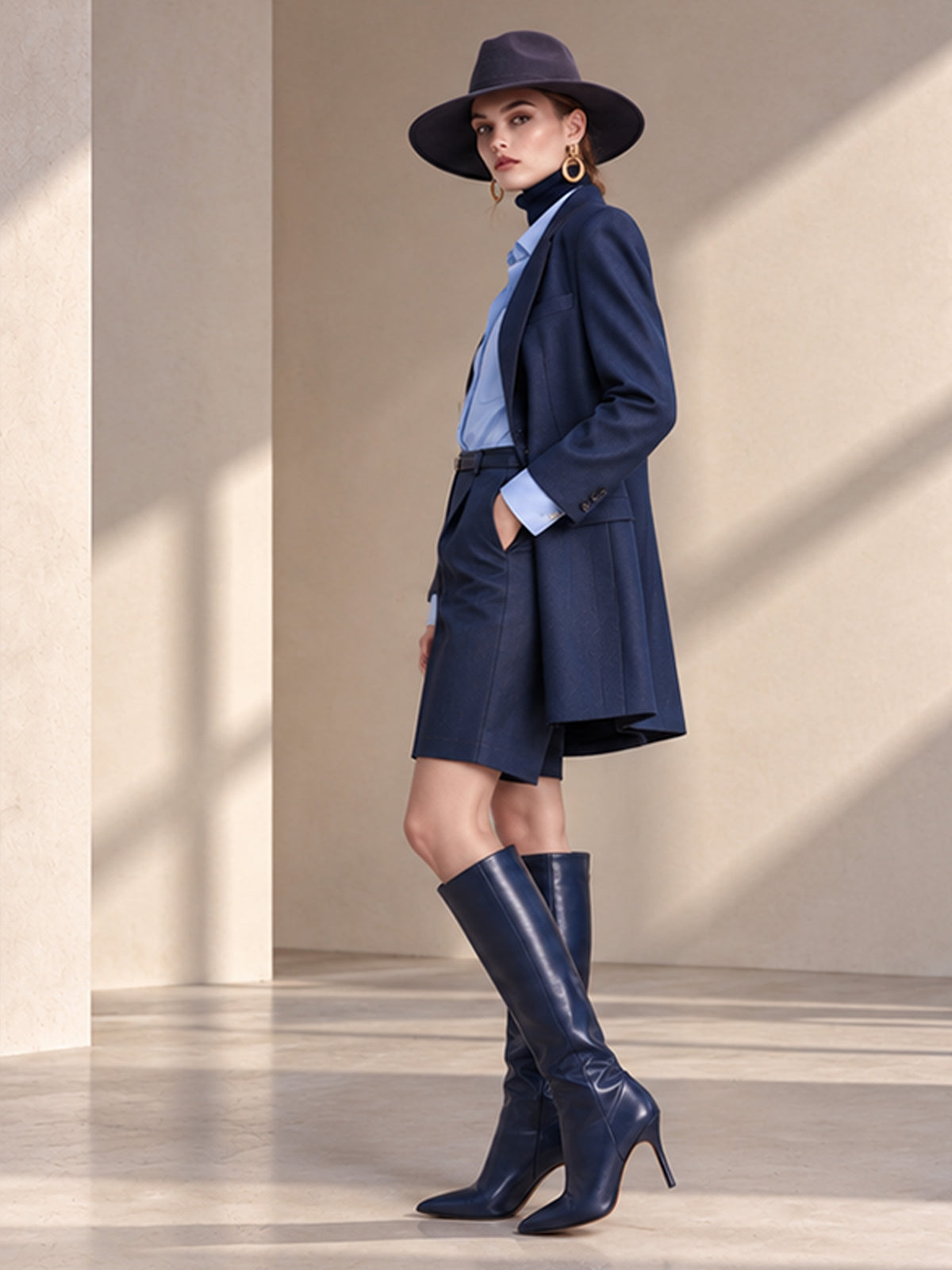 Navy Notch Lapel Mid-Long Blazer & High Waist Bermuda Shorts 2-Piece Suit