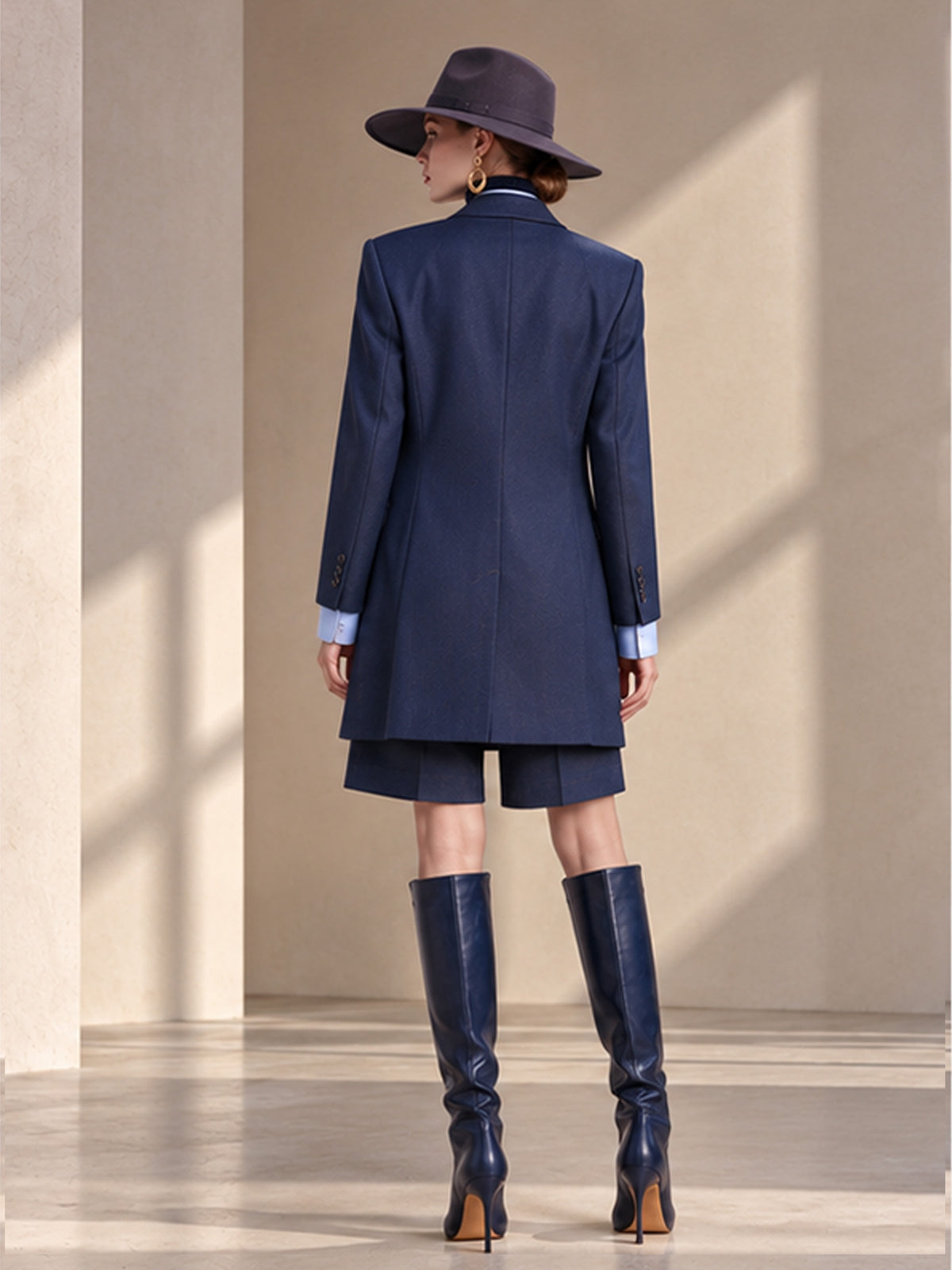Navy Notch Lapel Mid-Long Blazer & High Waist Bermuda Shorts 2-Piece Suit