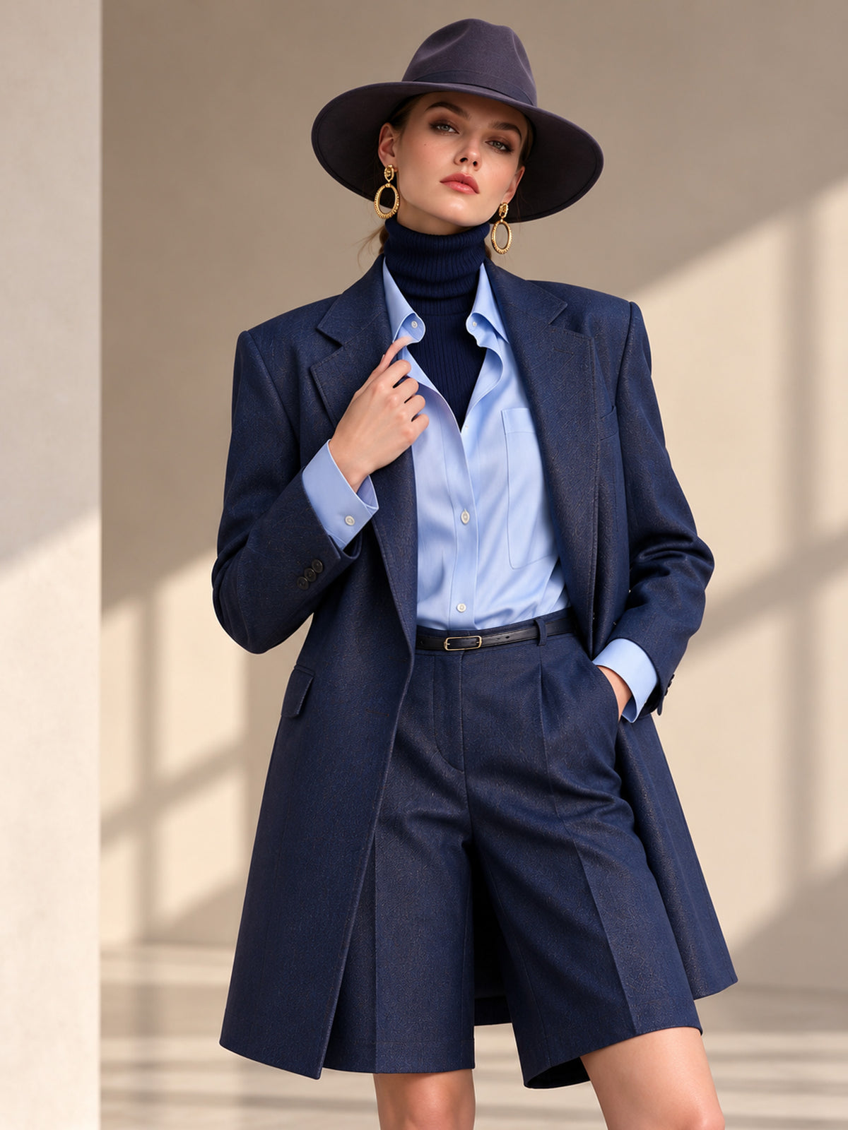 Navy Notch Lapel Mid-Long Blazer & High Waist Bermuda Shorts 2-Piece Suit