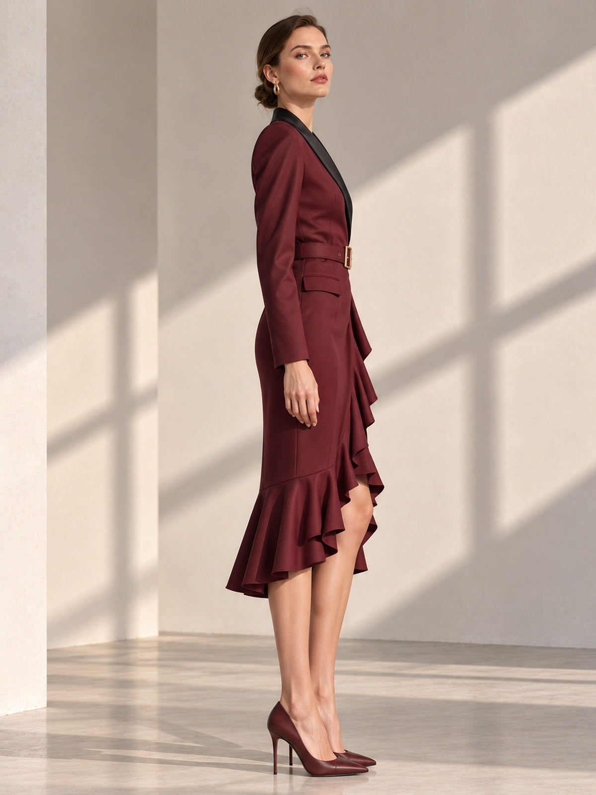 Burgundy Satin Shawl Lapel Belted Ruffle Wrap Midi Blazer Dress