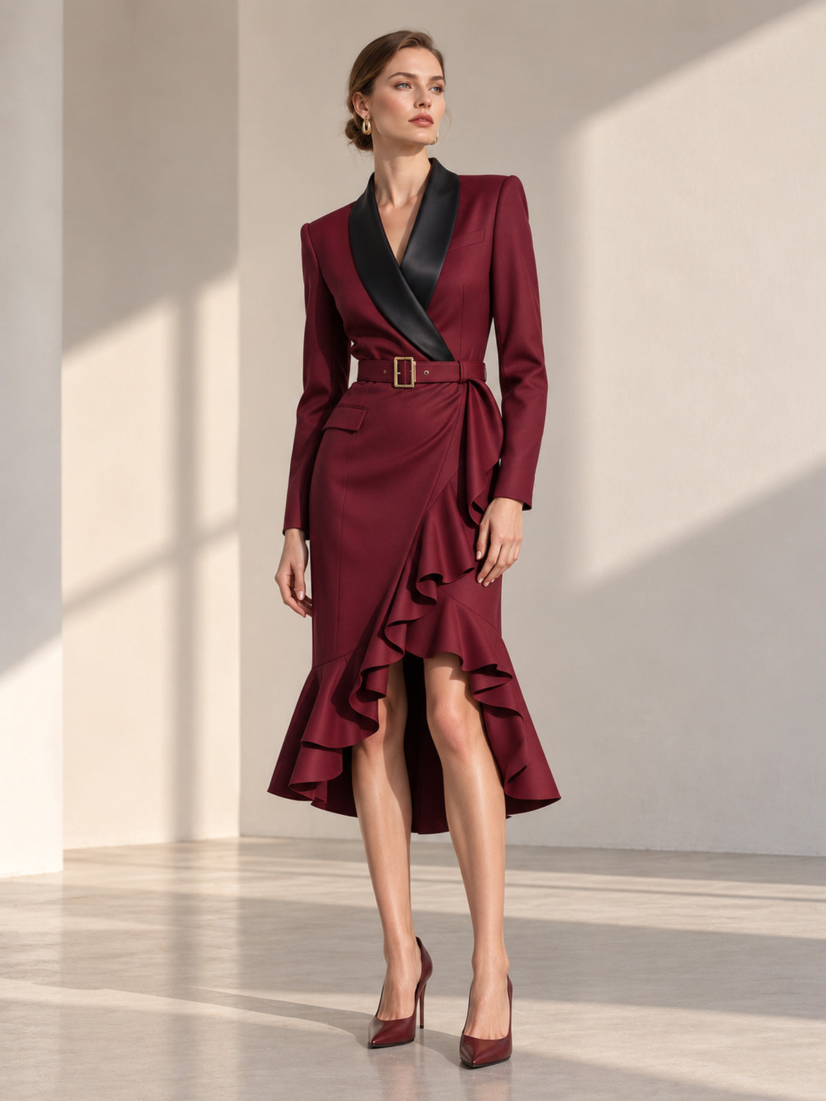 Burgundy Satin Shawl Lapel Belted Ruffle Wrap Midi Blazer Dress