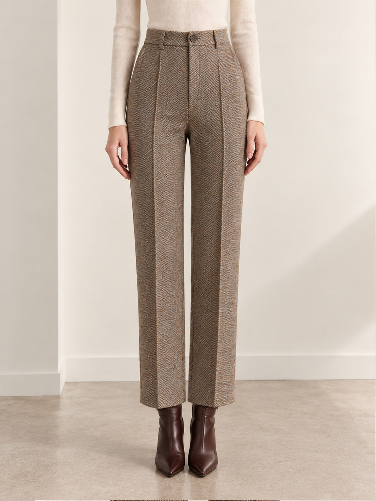 Brown Grey Flecked Contrast Lapel Blazer & Straight Pants 2-Piece Suit