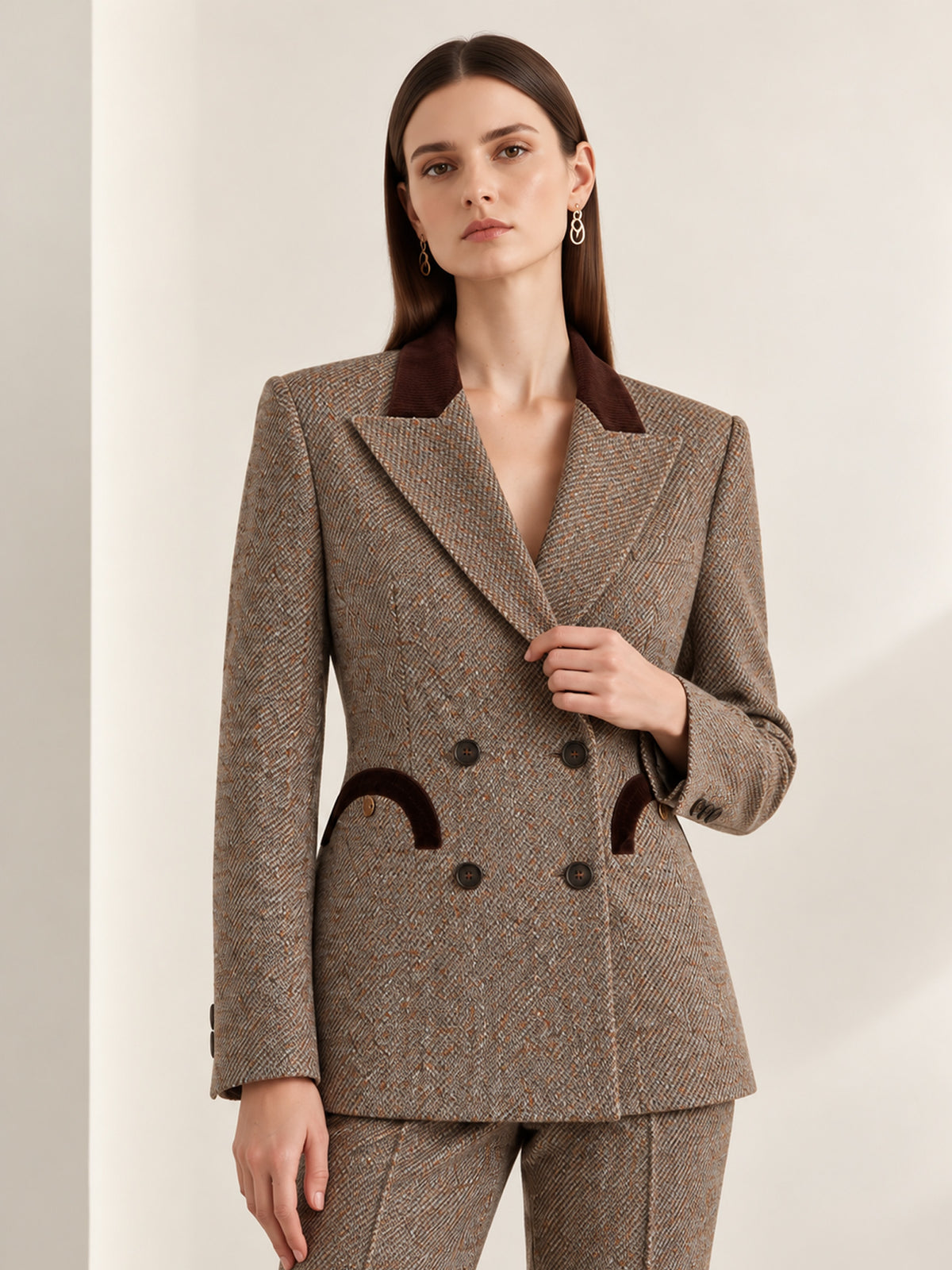 Brown Grey Flecked Contrast Lapel Blazer & Straight Pants 2-Piece Suit