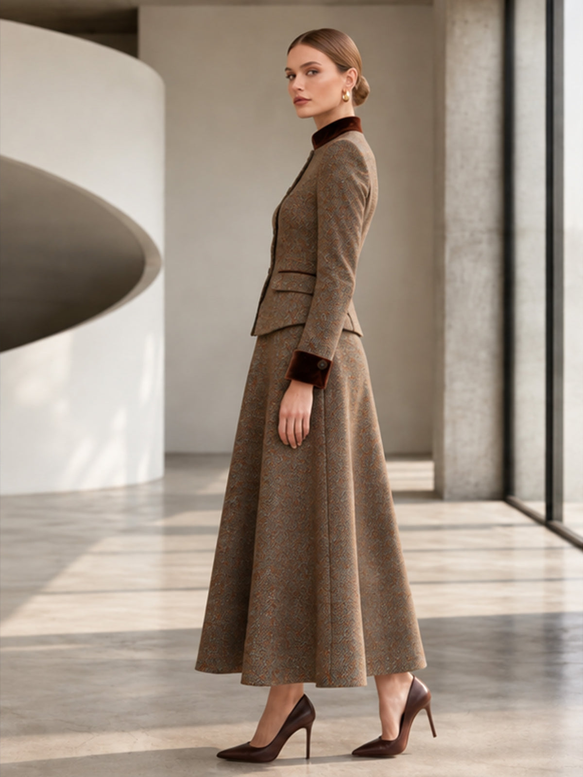 Brown Tweed Velvet Trim Jacket & Maxi Flare Skirt 2-Piece Suit