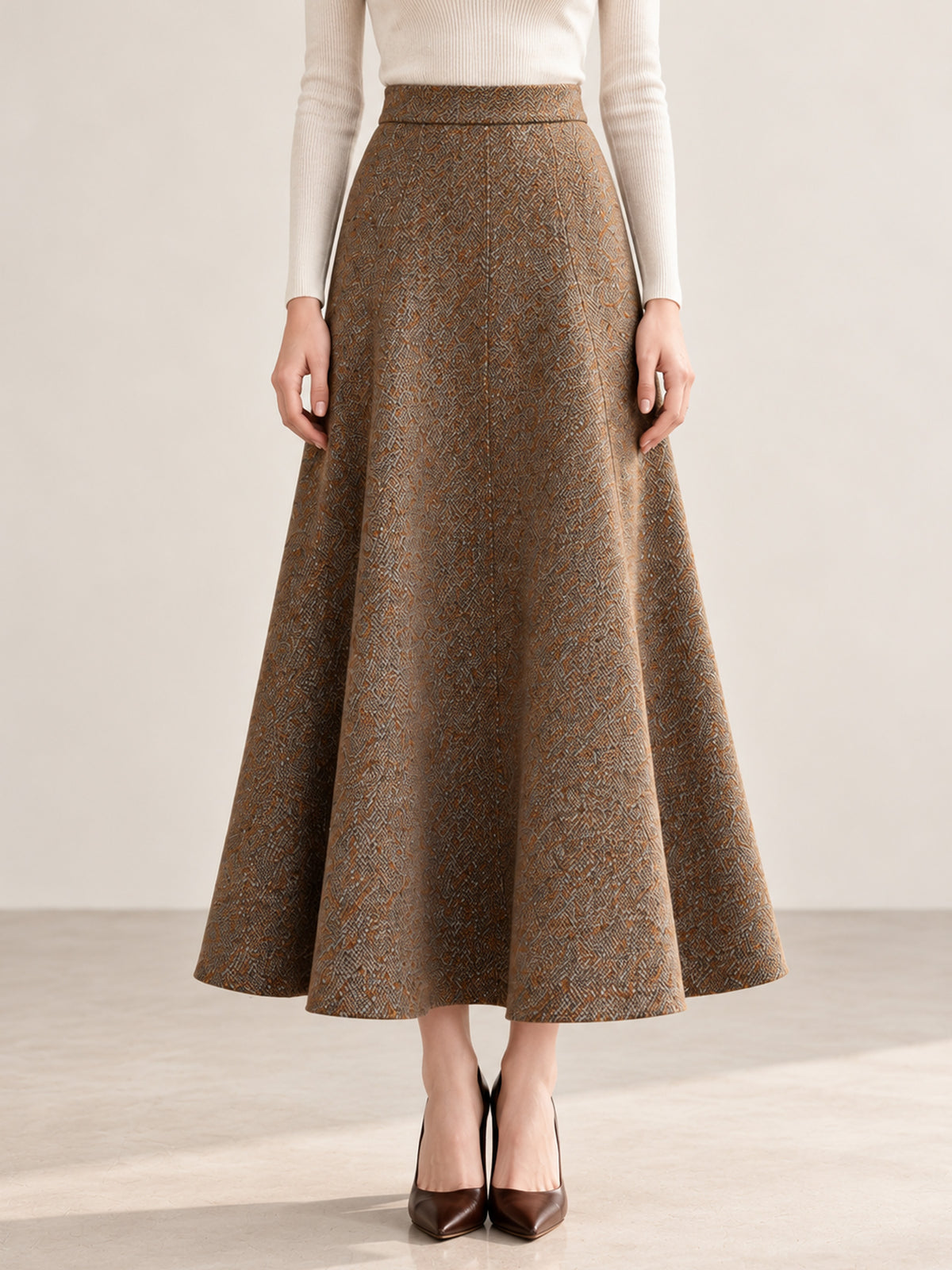 Brown Tweed Velvet Trim Jacket & Maxi Flare Skirt 2-Piece Suit