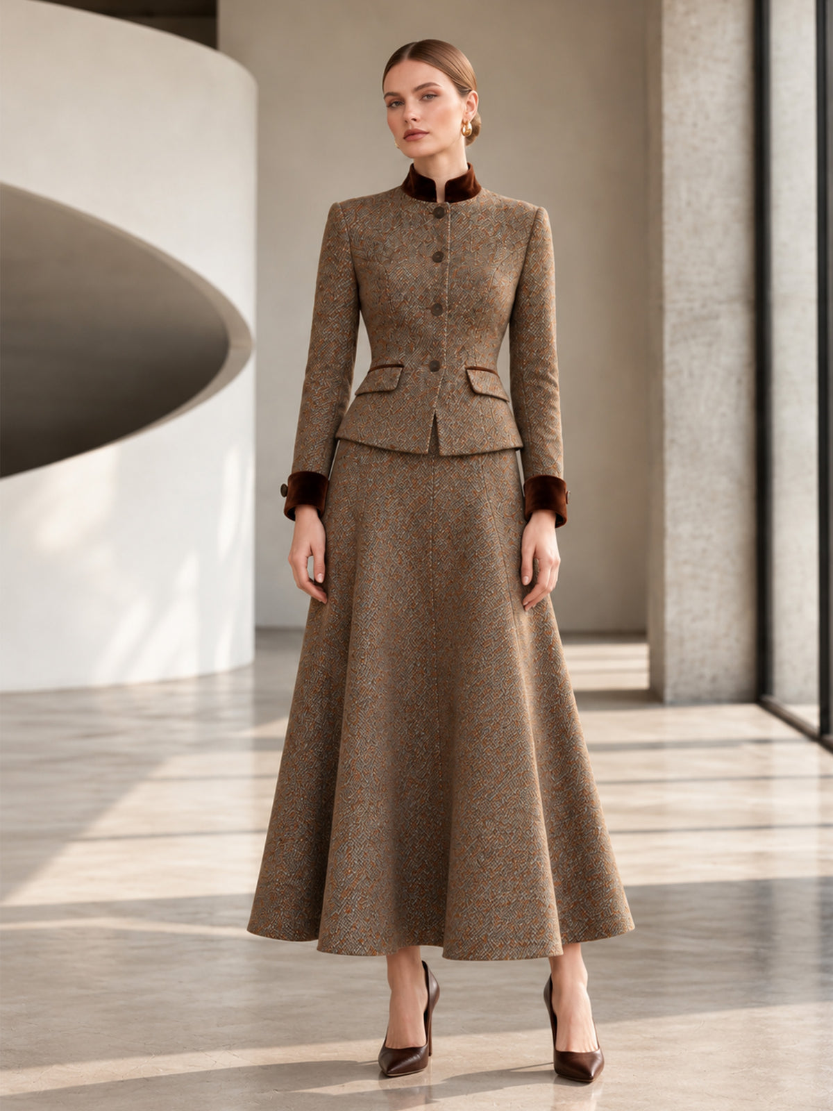 Brown Tweed Velvet Trim Jacket & Maxi Flare Skirt 2-Piece Suit