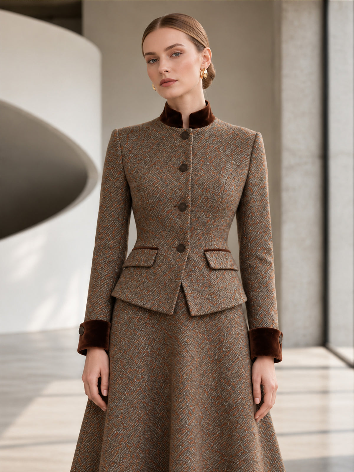 Brown Tweed Velvet Trim Jacket & Maxi Flare Skirt 2-Piece Suit