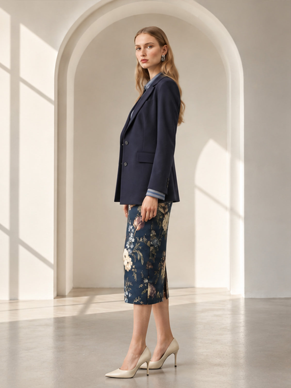 Navy Notch Lapel Blazer & Dark Floral Print Midi Pencil Skirt 2-Piece Suit