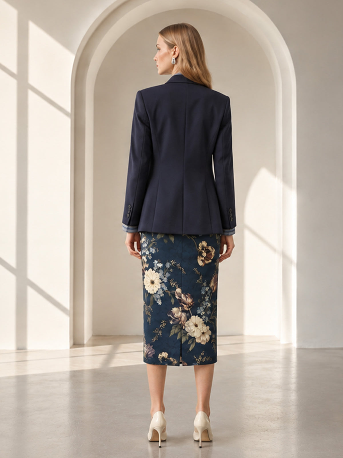 Navy Notch Lapel Blazer & Dark Floral Print Midi Pencil Skirt 2-Piece Suit