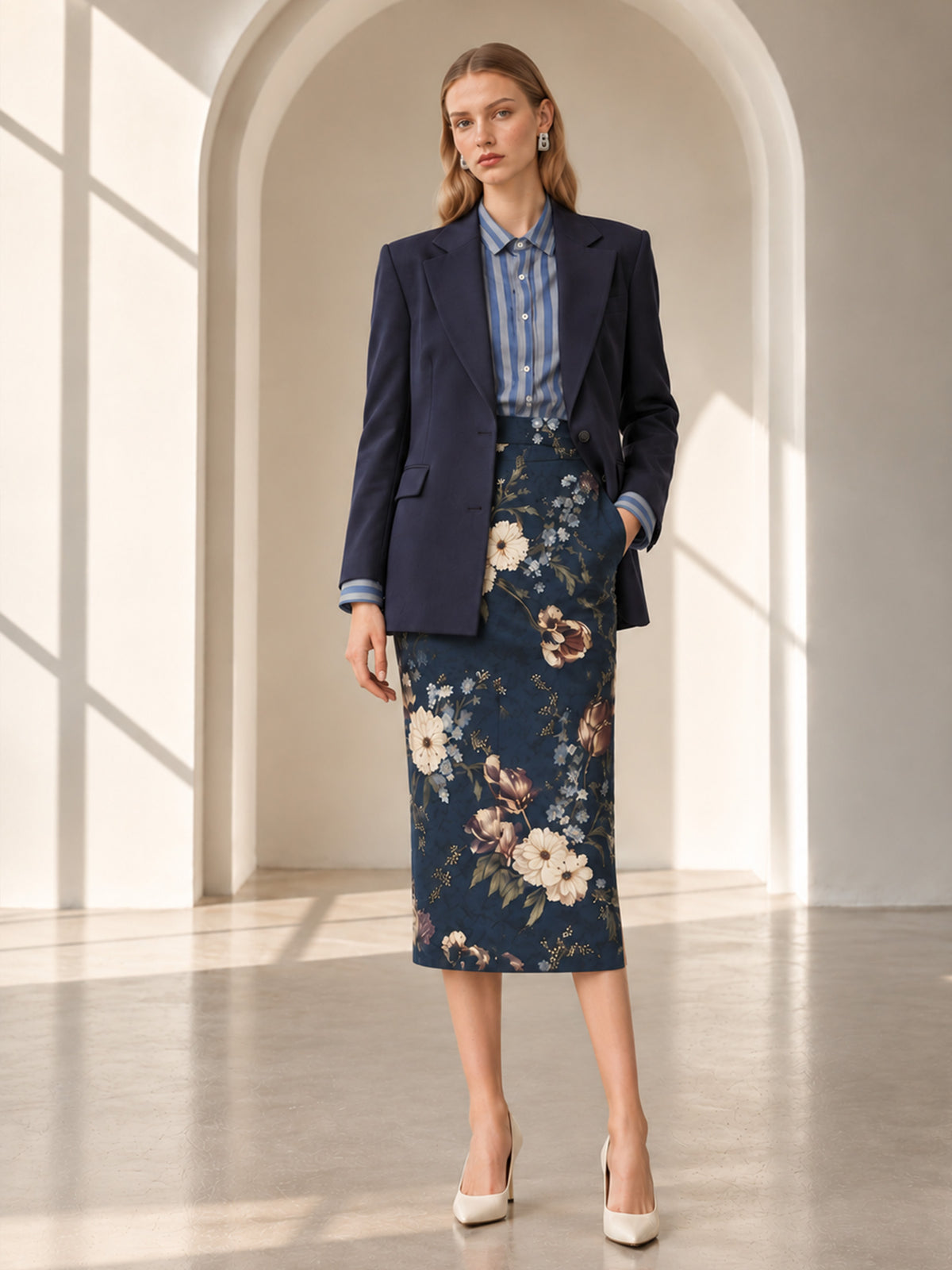 Navy Notch Lapel Blazer & Dark Floral Print Midi Pencil Skirt 2-Piece Suit