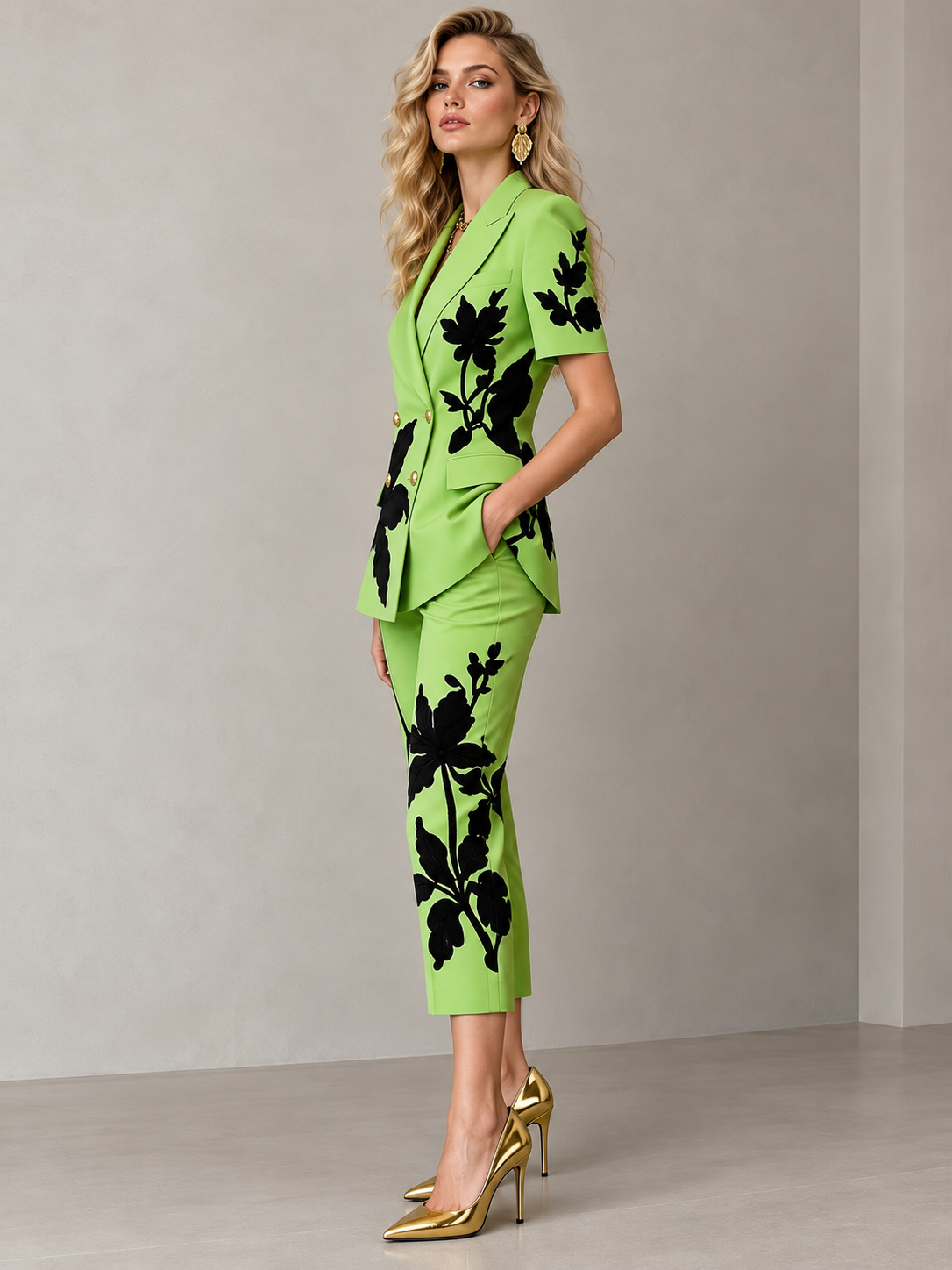 Fruit Green Floral Print Short Sleeved Suit Capri Pants 2-Piece Suit