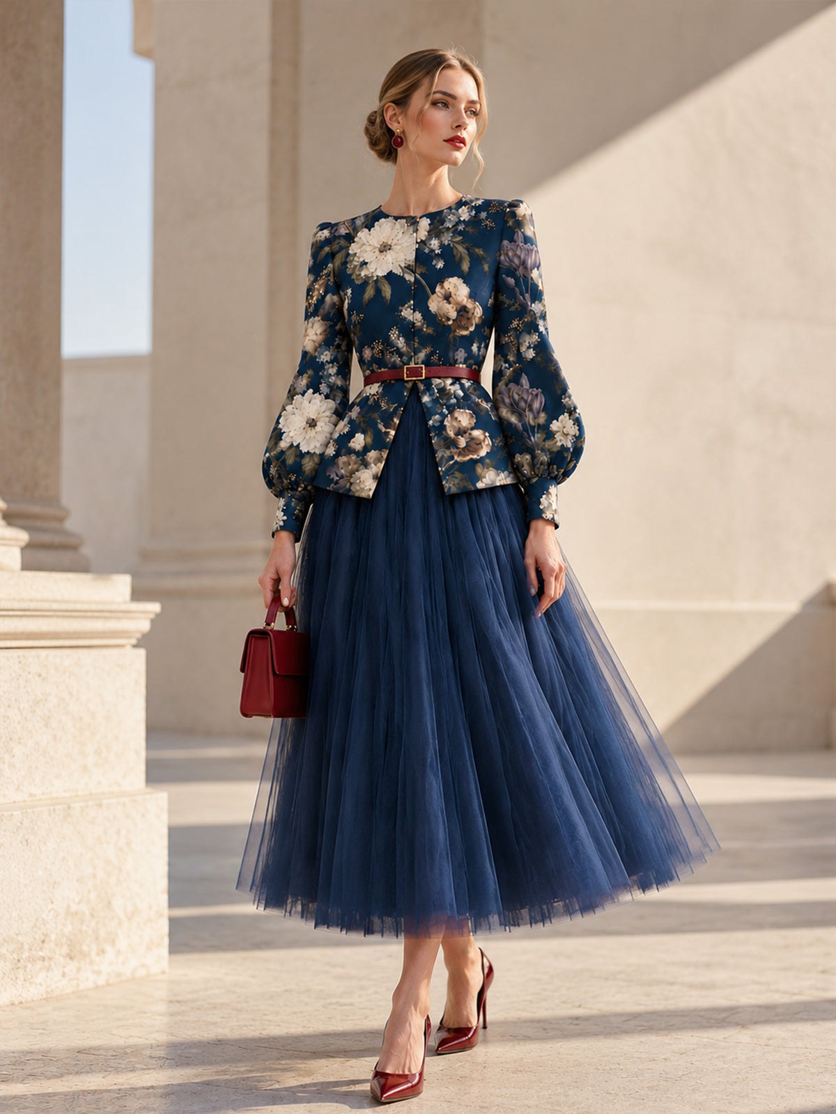 Dark Navy Floral Print Puff Long Sleeve Peplum Top & Tulle Midi Skirt 2-Piece Suit