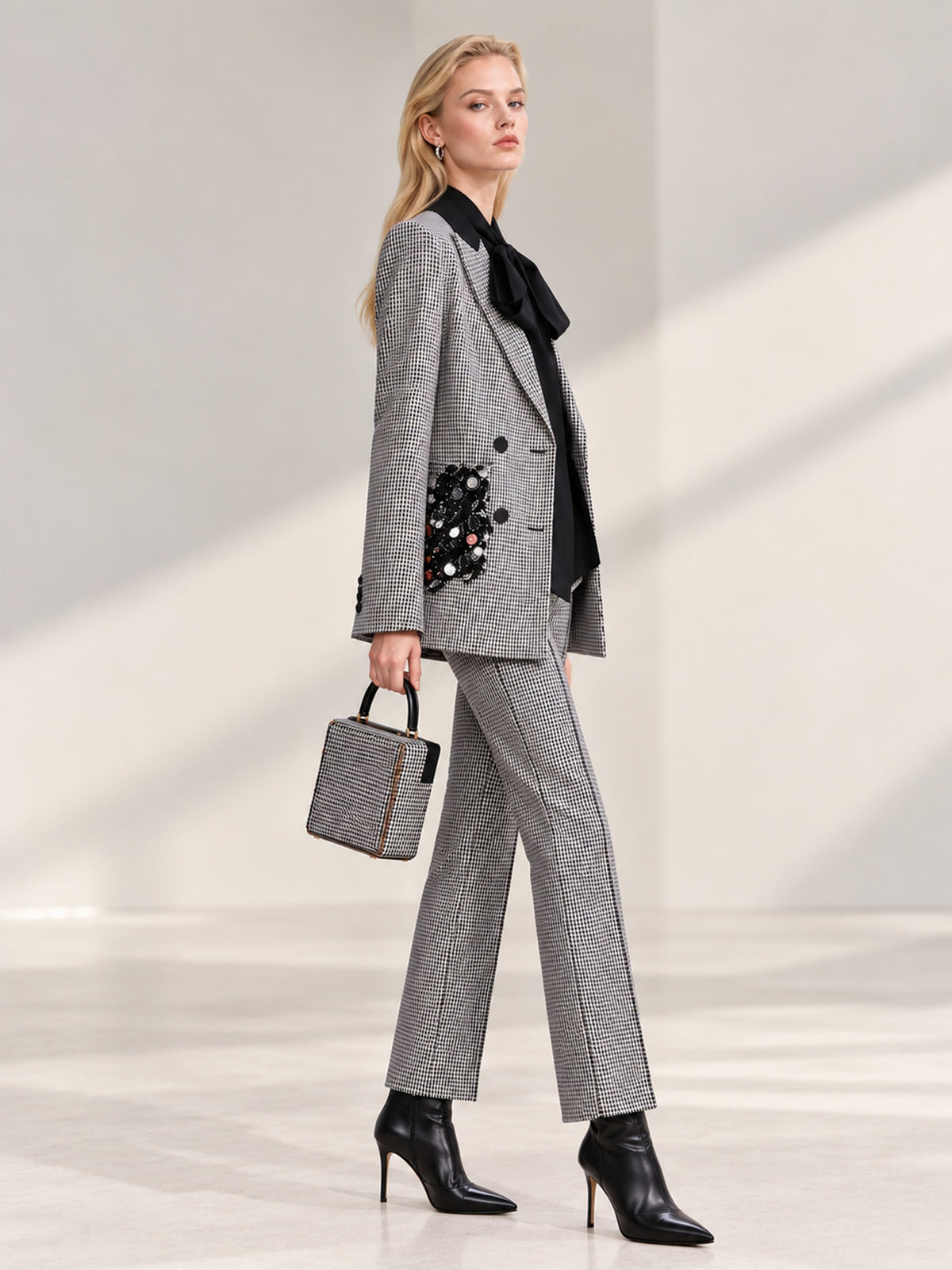Houndstooth Beaded Pocket Blazer & Straight Leg Pants 2-Piece Suit
