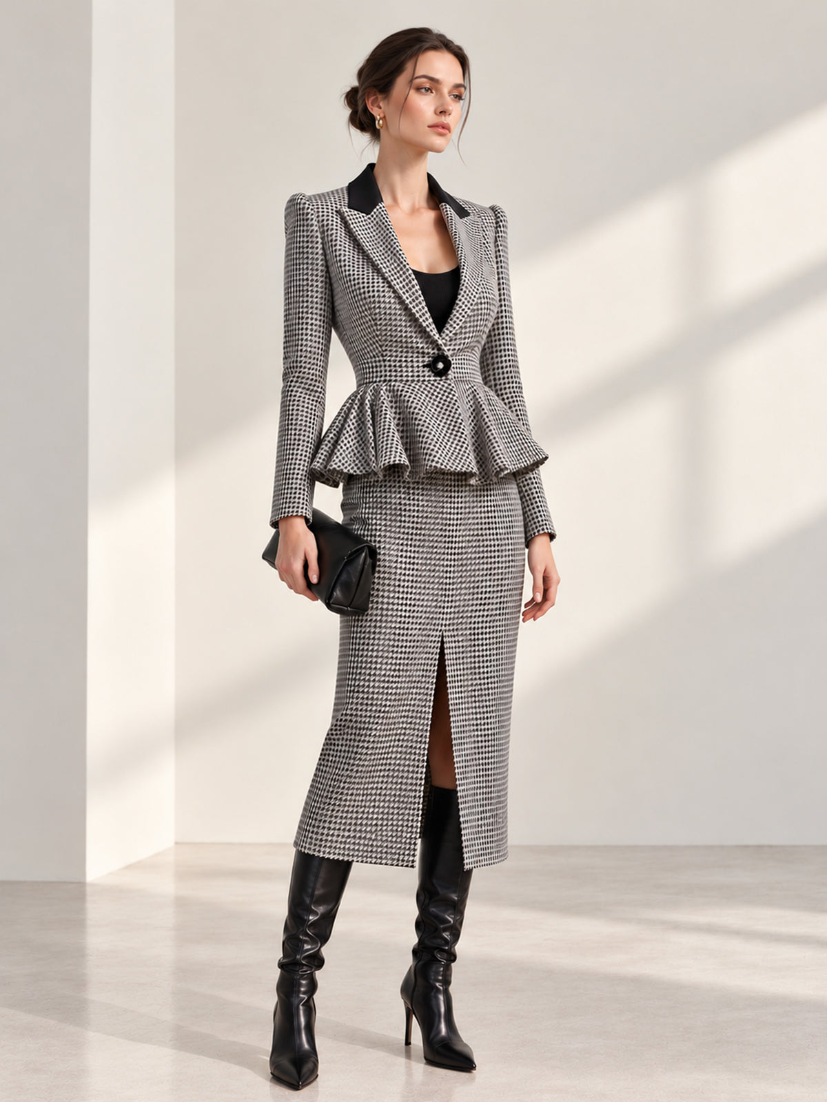 Houndstooth Contrast Lapel Peplum Blazer & Front Slit Midi Skirt 2-Piece Suit