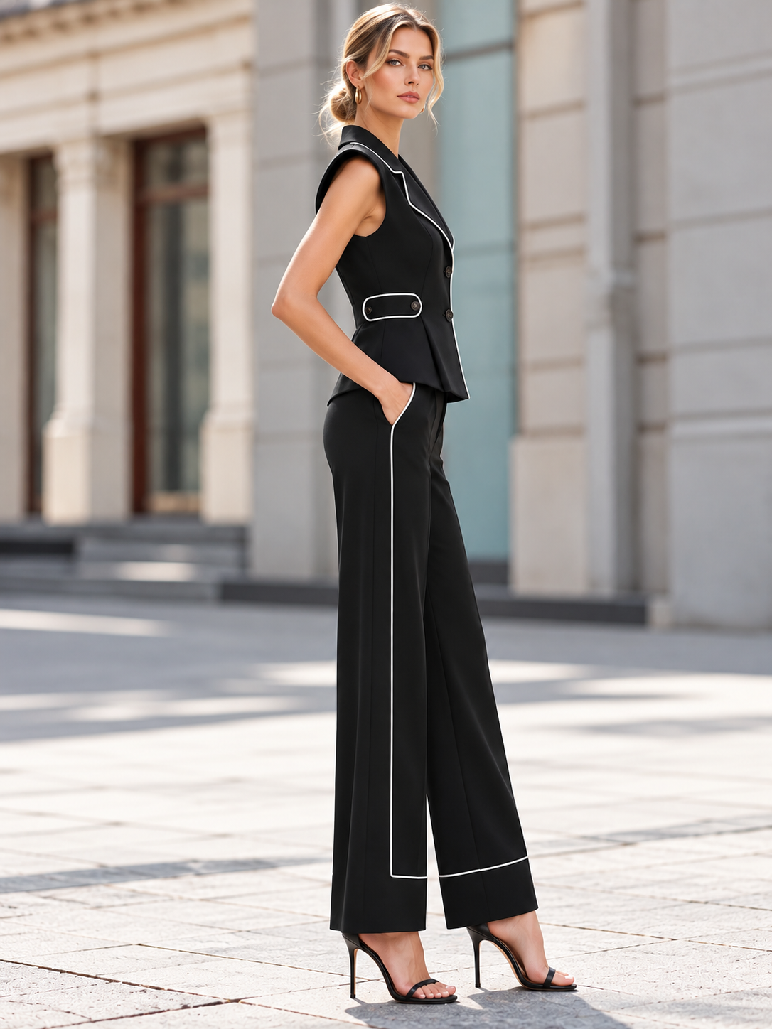 Black Vest And Wide Leg Pants 2-Piece Suit