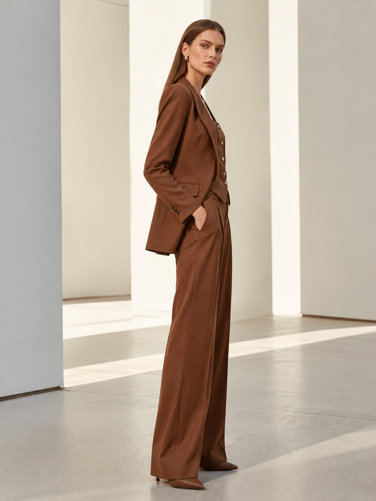 Brown Notch Lapel Blazer & Square Neck Vest & Wide Leg Trousers 3-Piece Suit