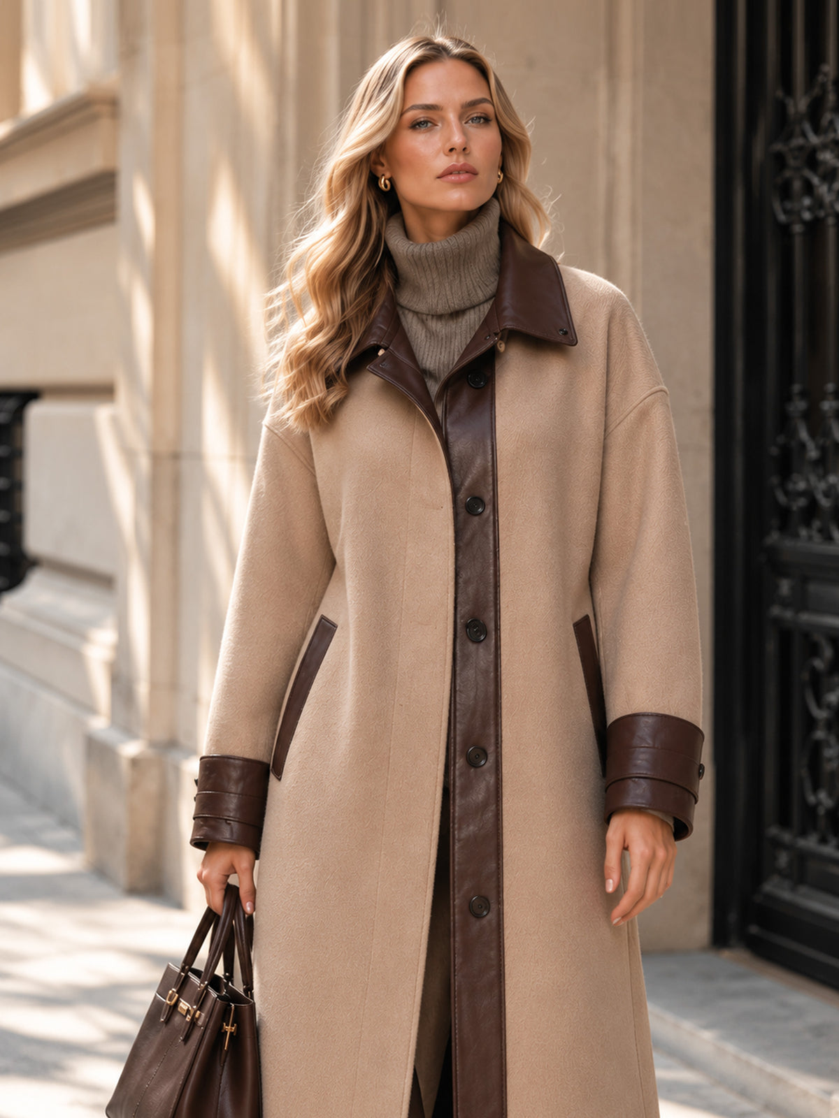Camel Faux Leather Trim Stand Collar Button Front Long Wool Coat