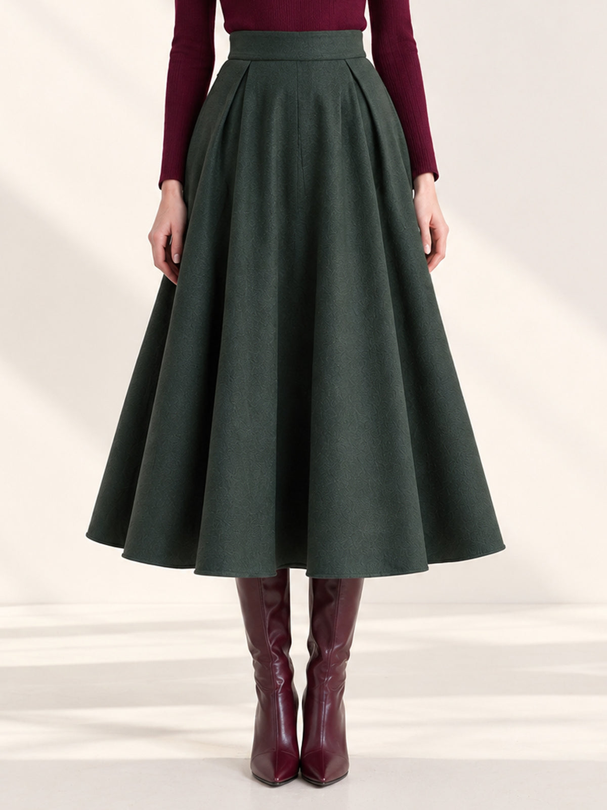 Green Plaid Contrast Lapel Blazer & Solid Green Flare Midi Skirt 2-Piece Suit