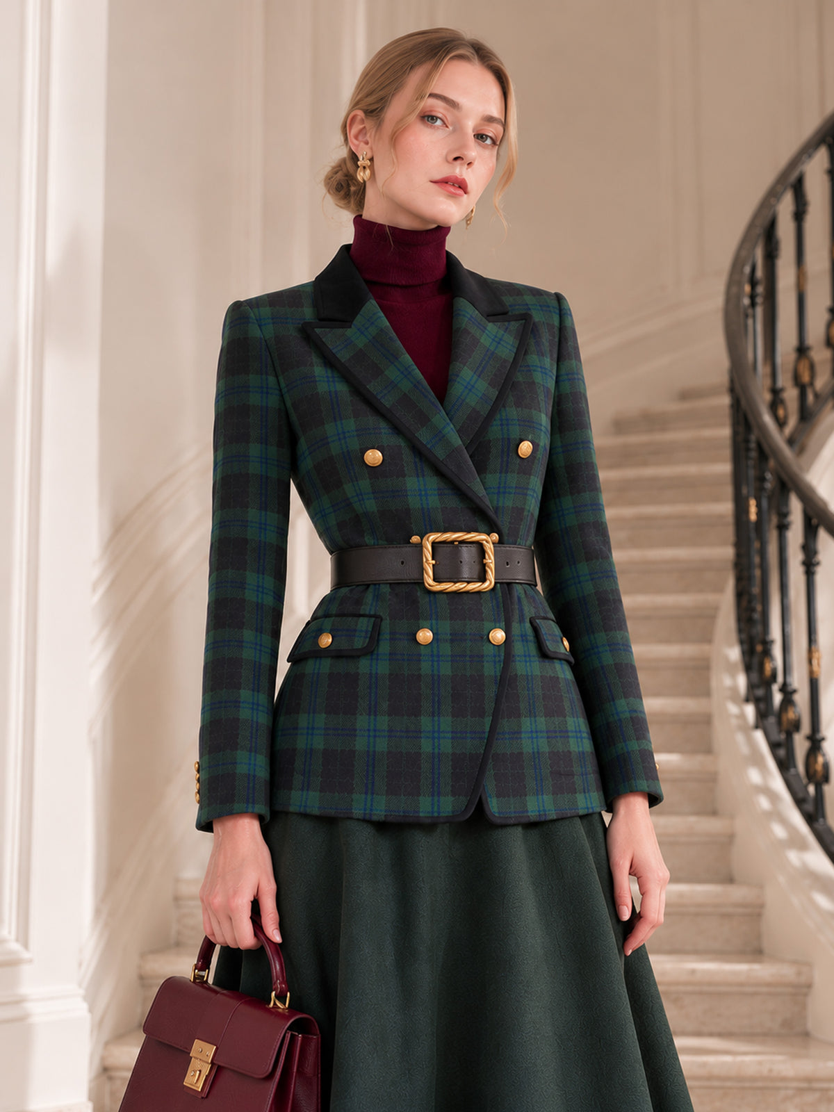 Green Plaid Contrast Lapel Blazer & Solid Green Flare Midi Skirt 2-Piece Suit