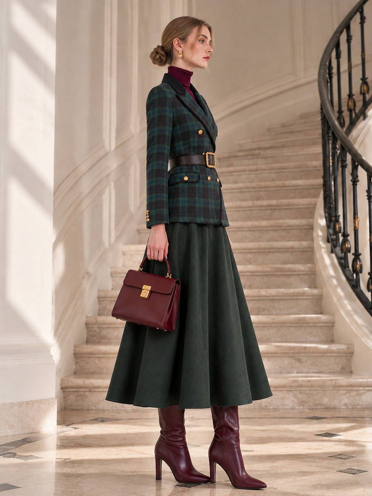 Green Plaid Contrast Lapel Blazer & Solid Green Flare Midi Skirt 2-Piece Suit