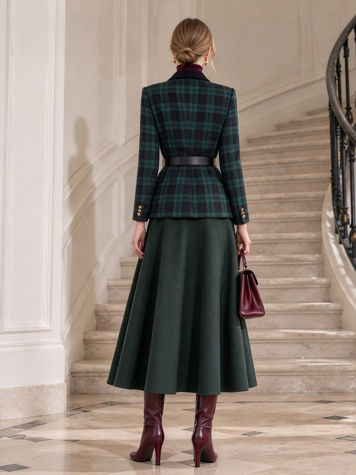 Green Plaid Contrast Lapel Blazer & Solid Green Flare Midi Skirt 2-Piece Suit