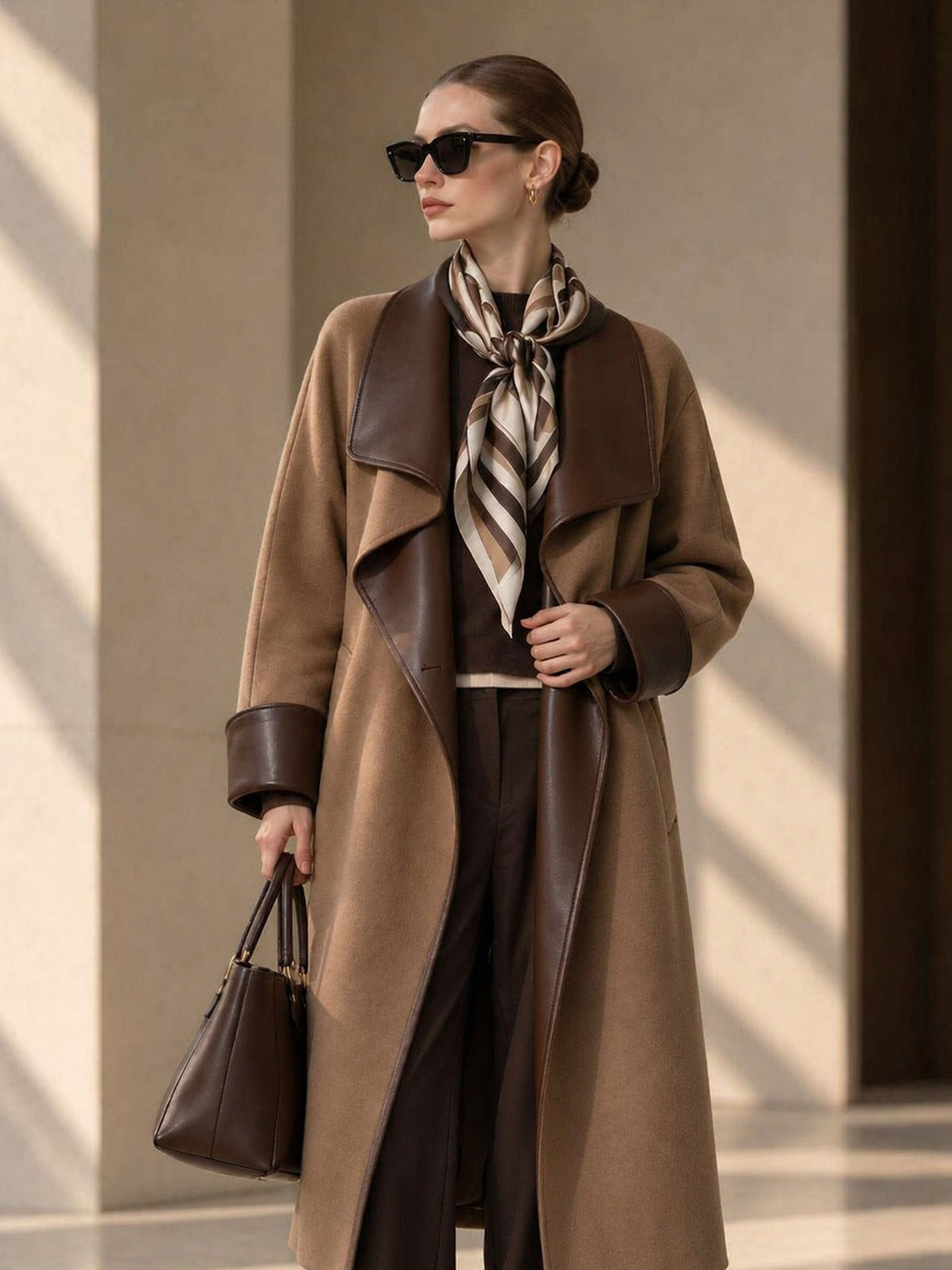 Camel Faux Leather Contrast Lapel & Cuff Wrap Long Wool Coat