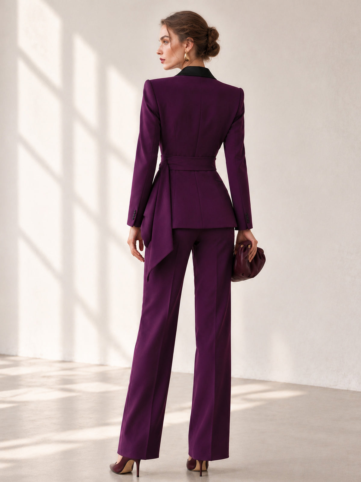 Purple Contrast Shawl Lapel Belted Asymmetrical Blazer & Wide Leg Pants 2-Piece Suit