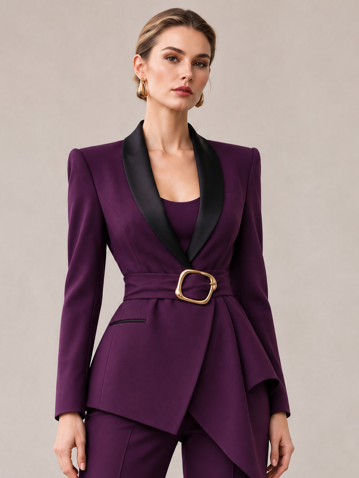 Purple Contrast Shawl Lapel Belted Asymmetrical Blazer & Wide Leg Pants 2-Piece Suit