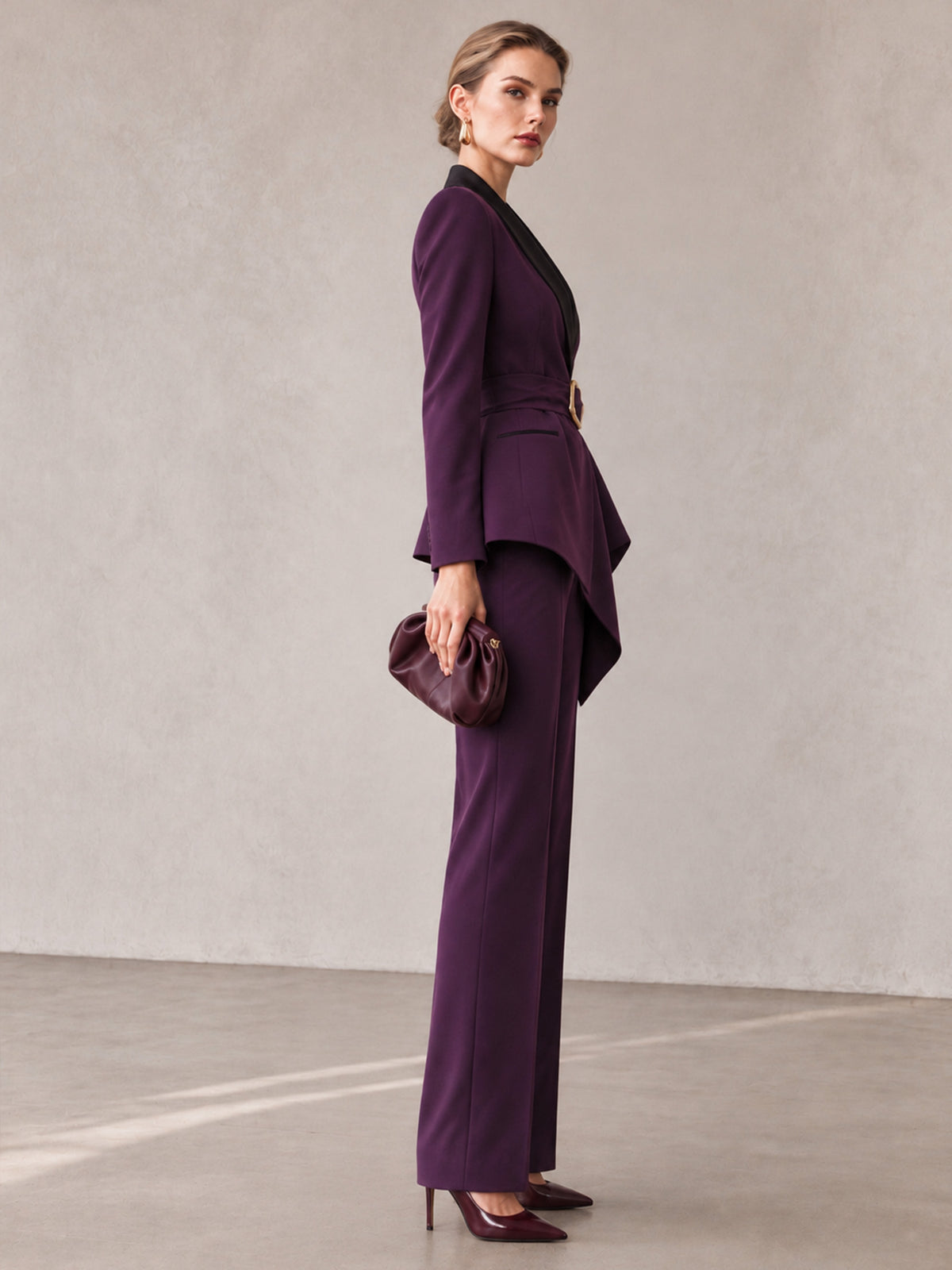 Purple Contrast Shawl Lapel Belted Asymmetrical Blazer & Wide Leg Pants 2-Piece Suit