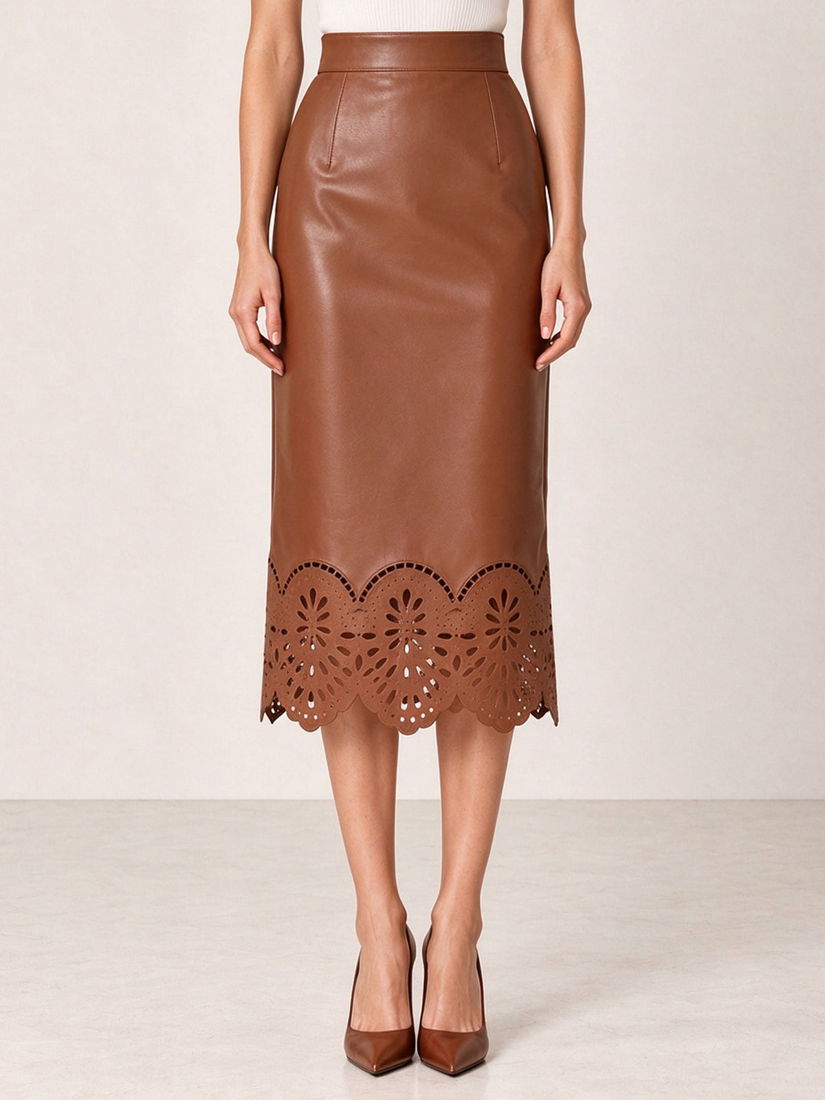 Brown Faux Leather Belted Blazer & Laser Cut Midi Skirt 2-Piece Suit